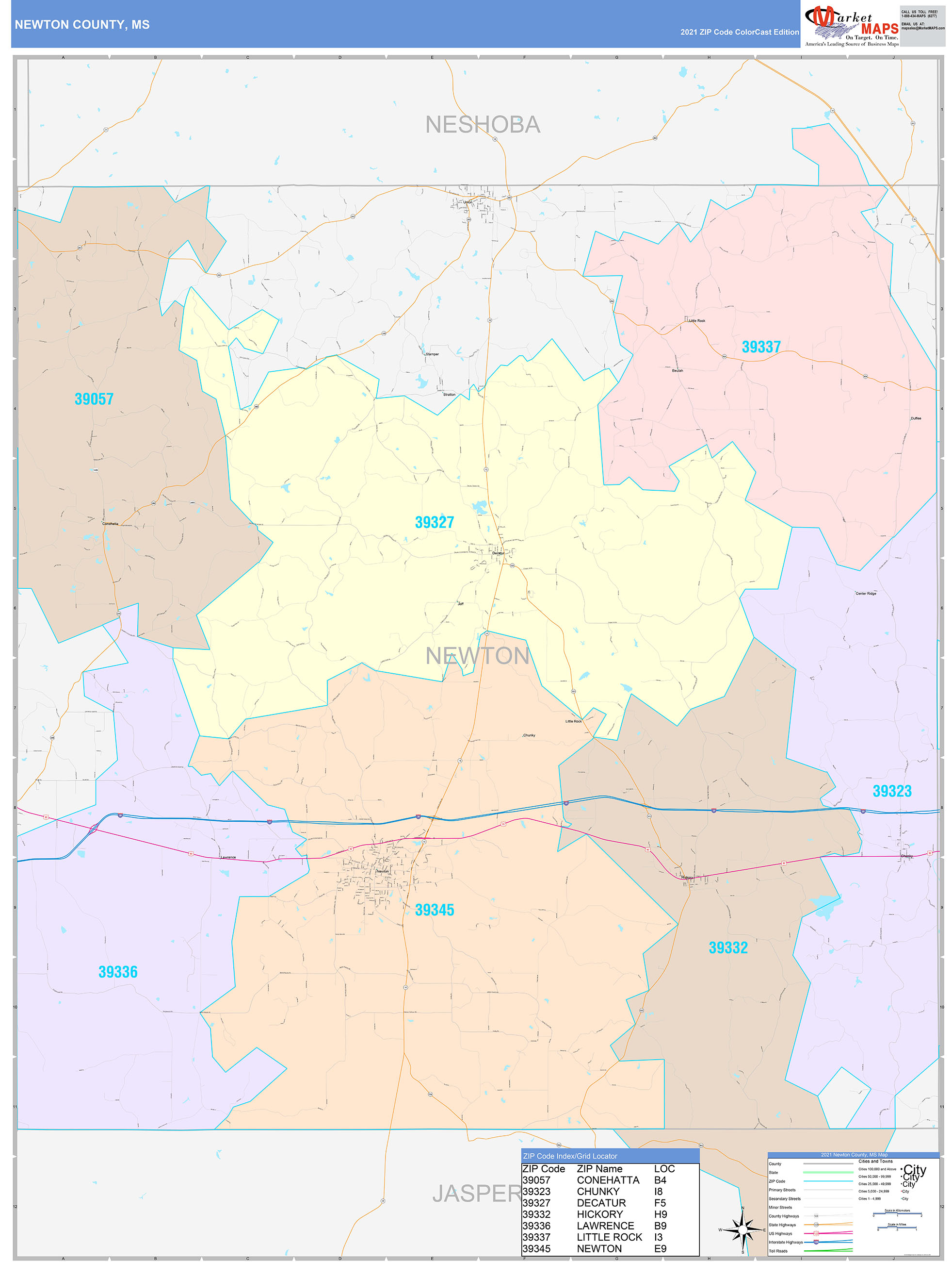 Newton County, MS Wall Map Color Cast Style by MarketMAPS