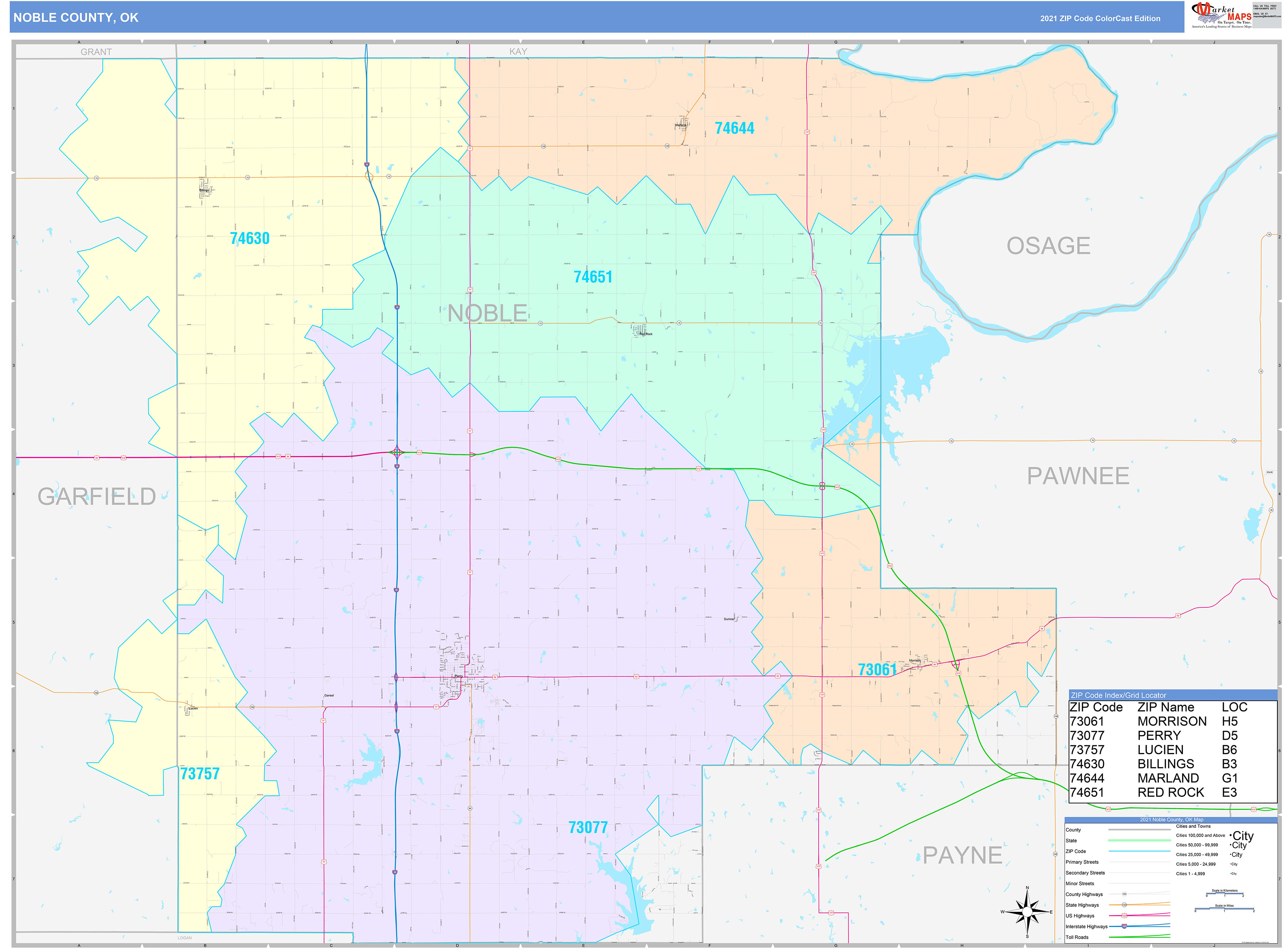 Noble County, OK Wall Map Color Cast Style by MarketMAPS