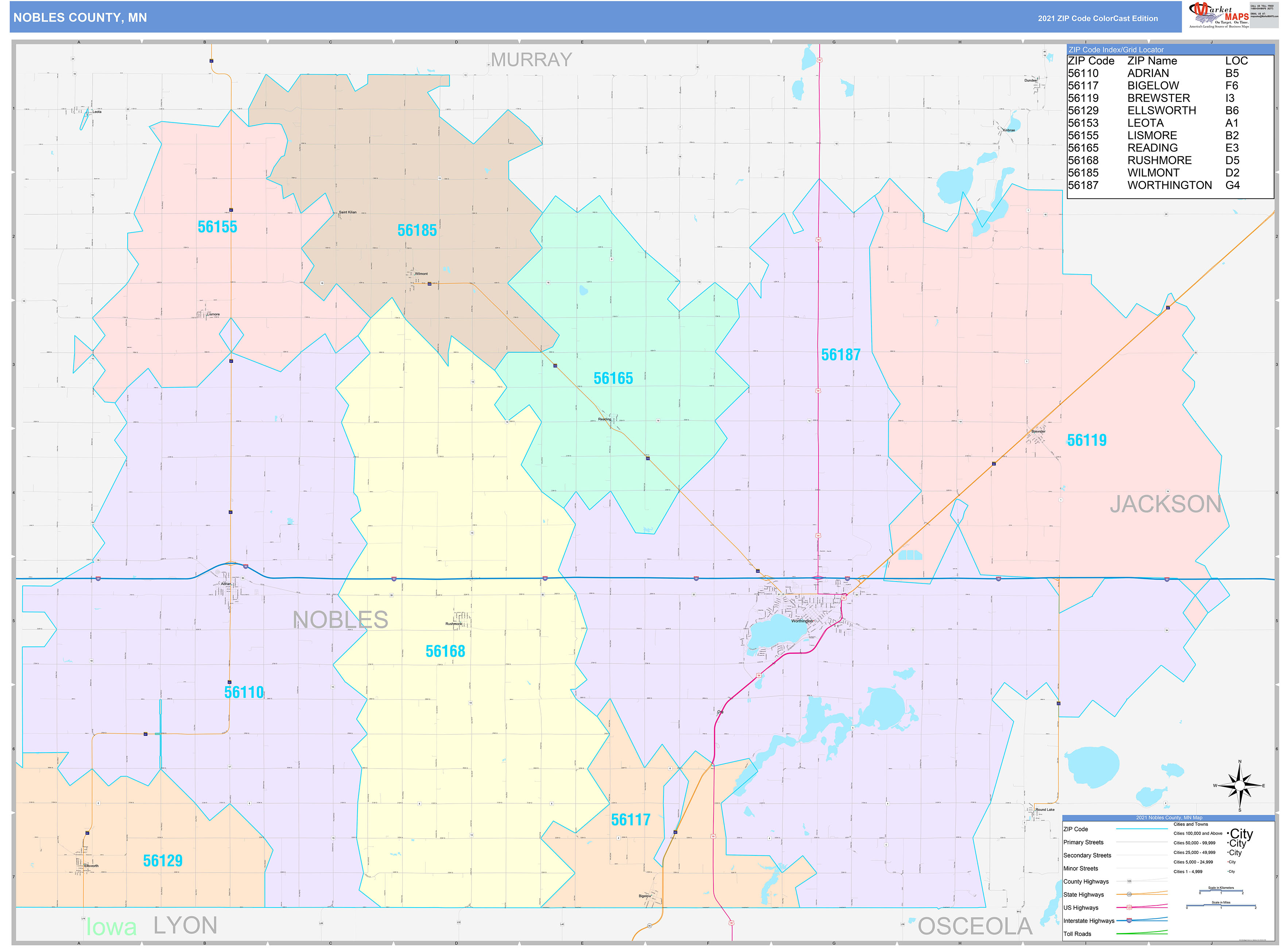 Nobles County, MN Wall Map Color Cast Style by MarketMAPS