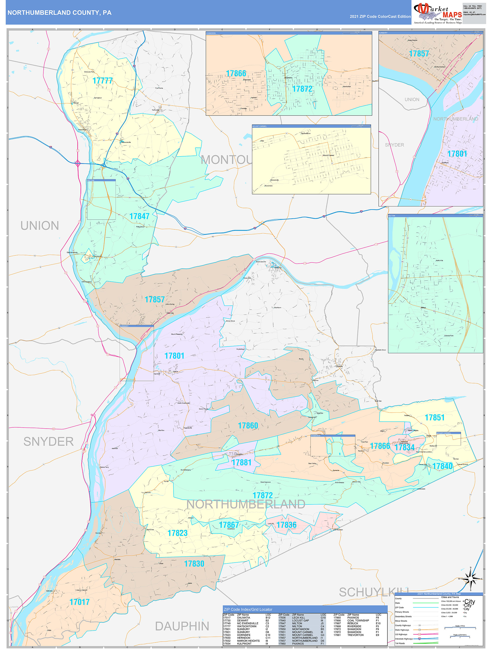 Northumberland County, PA Wall Map Color Cast Style by MarketMAPS