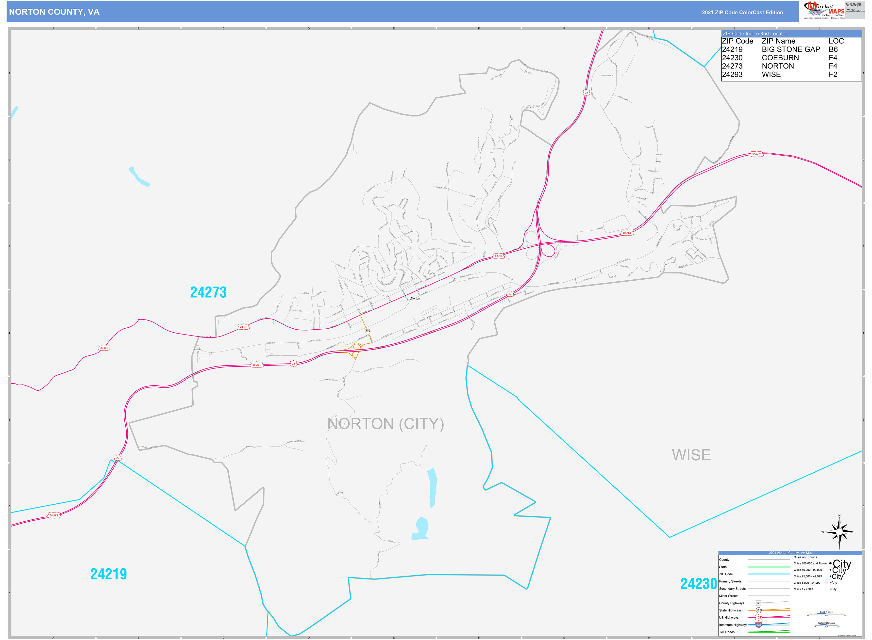 Norton County, VA Wall Map Color Cast Style by MarketMAPS