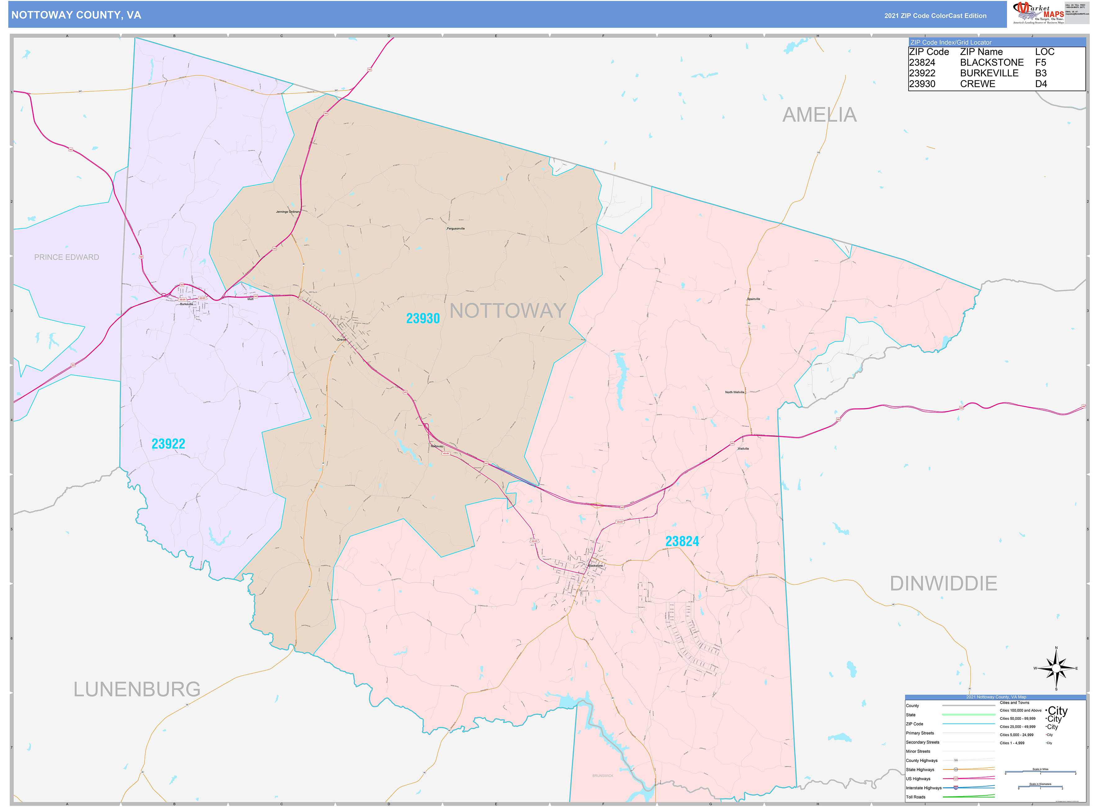 Nottoway County, VA Wall Map Color Cast Style by MarketMAPS MapSales