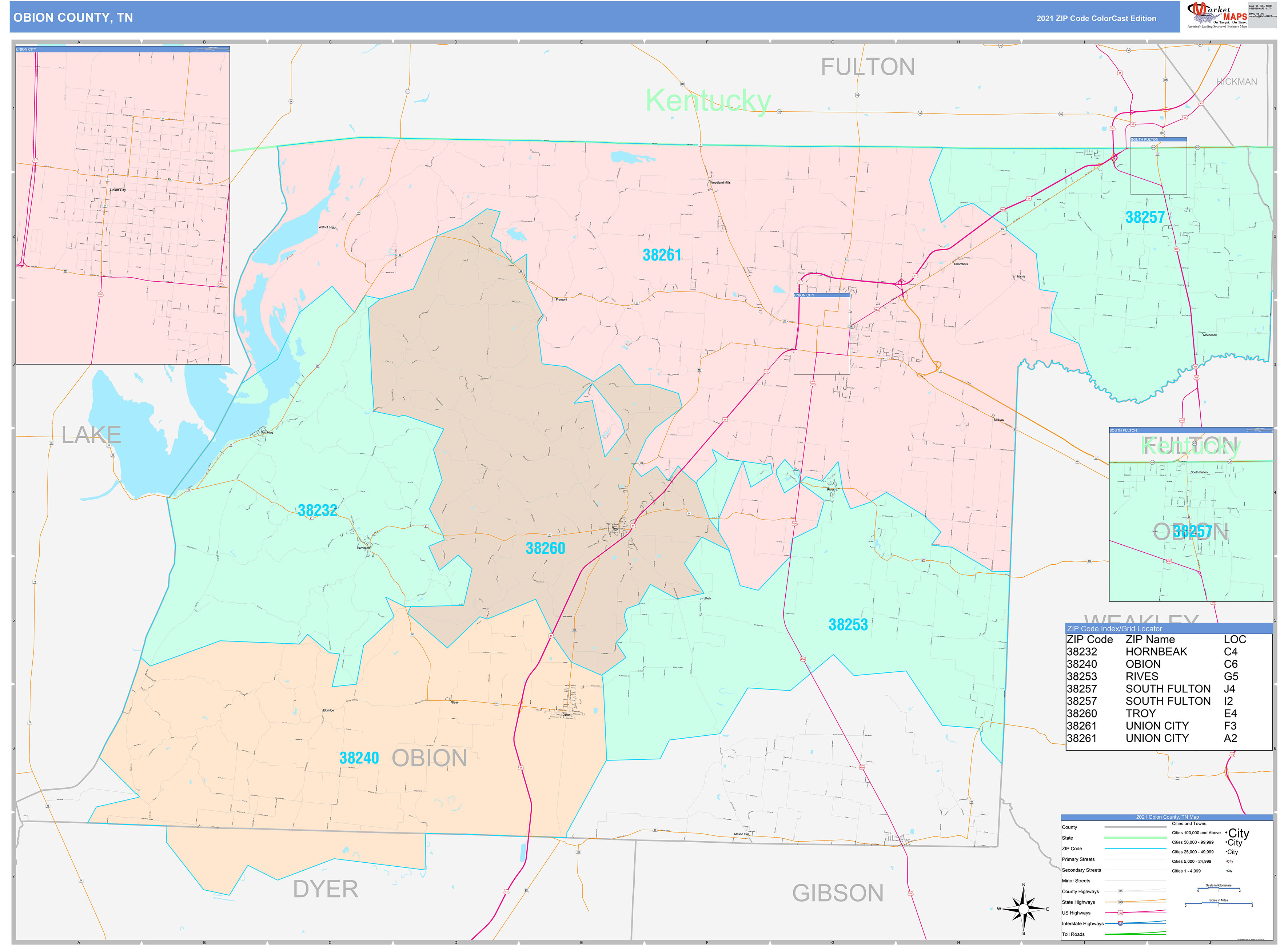 Obion County, TN Wall Map Color Cast Style by MarketMAPS MapSales