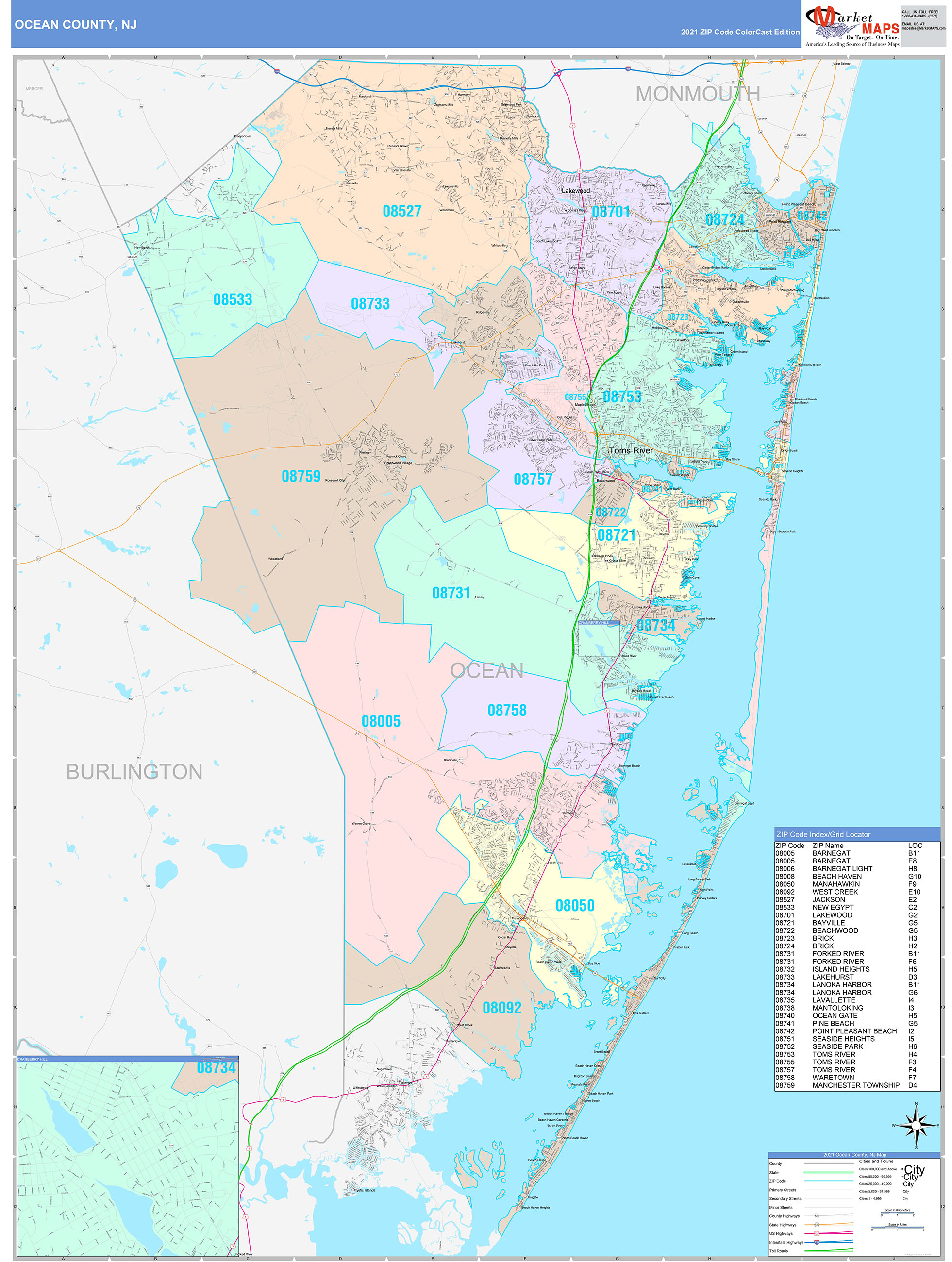 Ocean County, NJ Wall Map Color Cast Style by MarketMAPS - MapSales