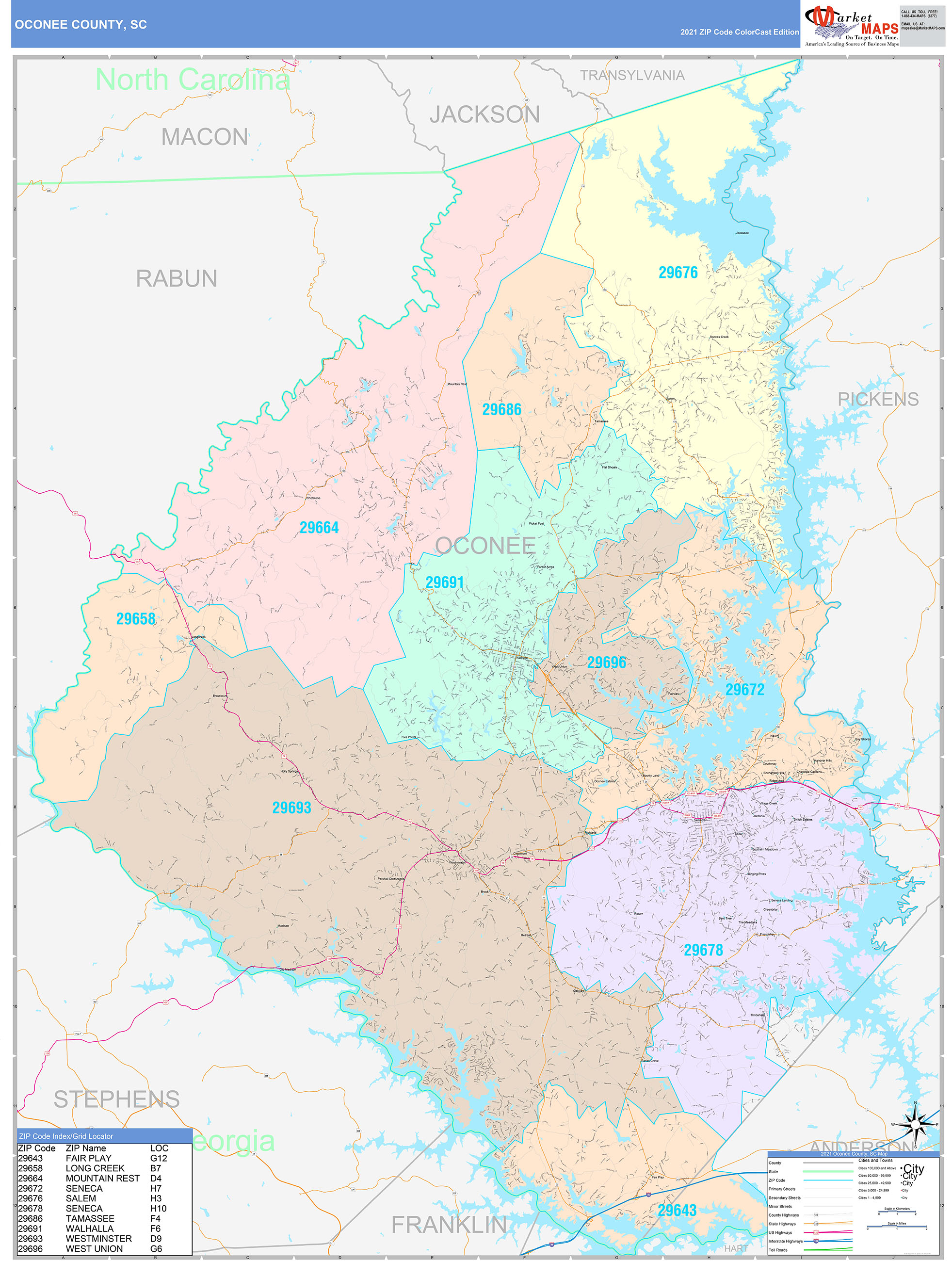 Oconee County, SC Wall Map Color Cast Style by MarketMAPS