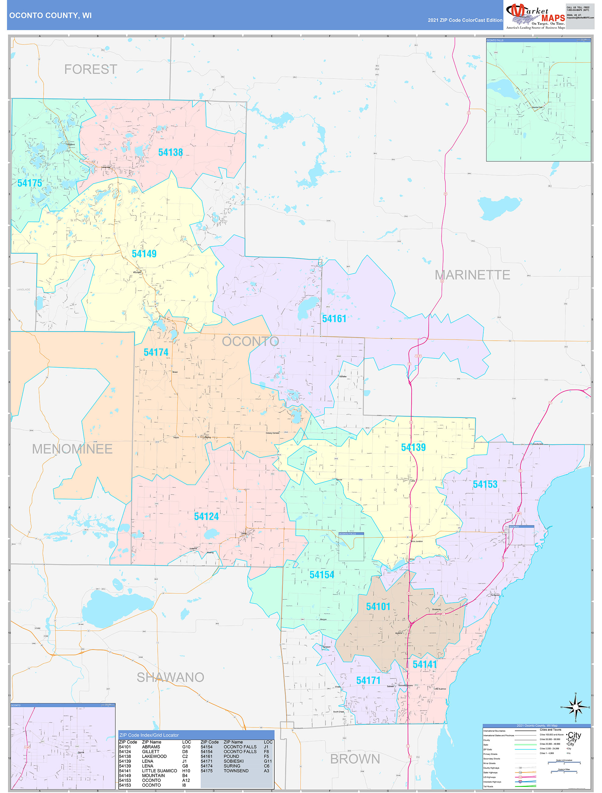Oconto County, WI Wall Map Color Cast Style by MarketMAPS MapSales