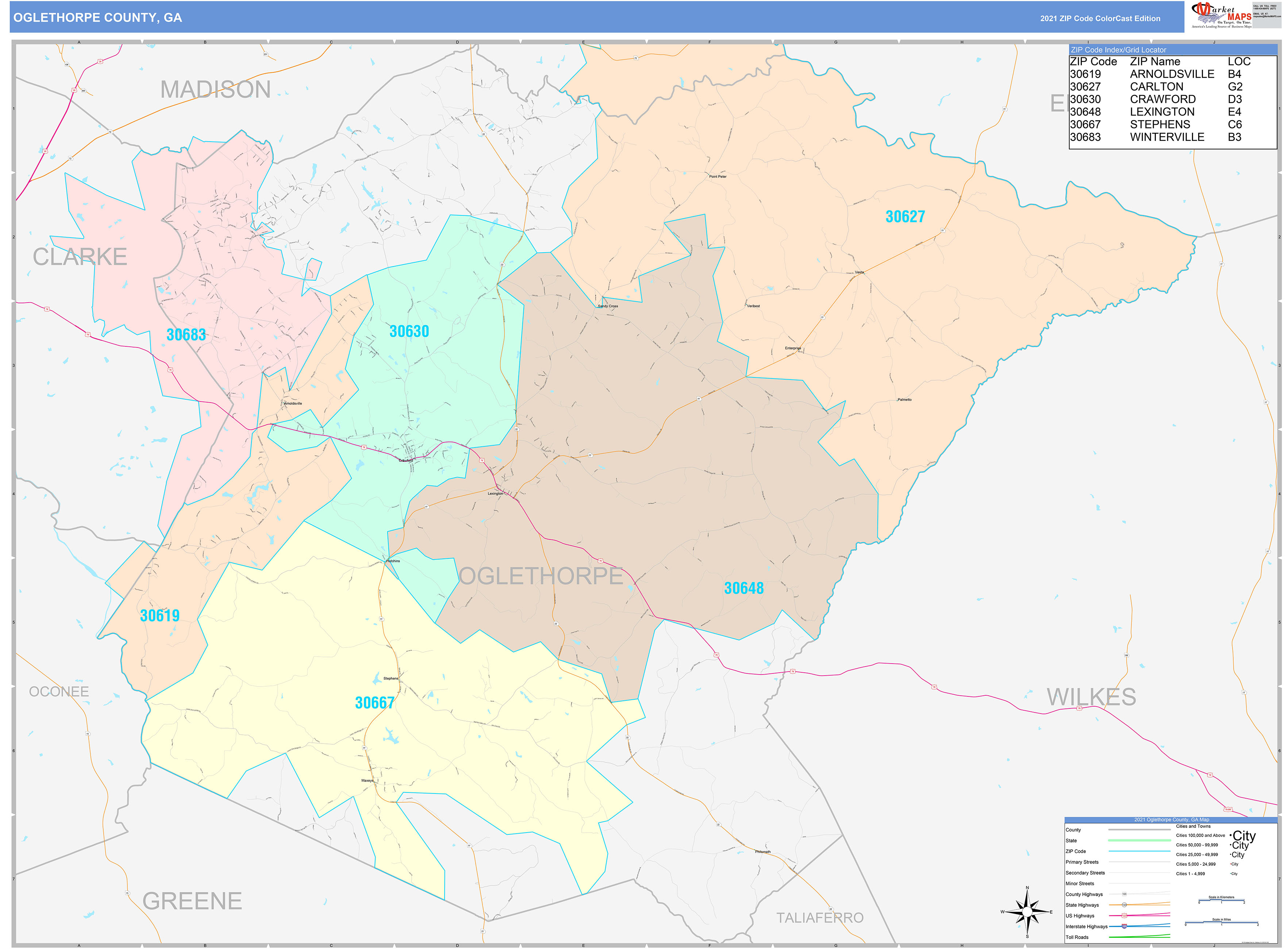 Oglethorpe County, GA Wall Map Color Cast Style by MarketMAPS MapSales