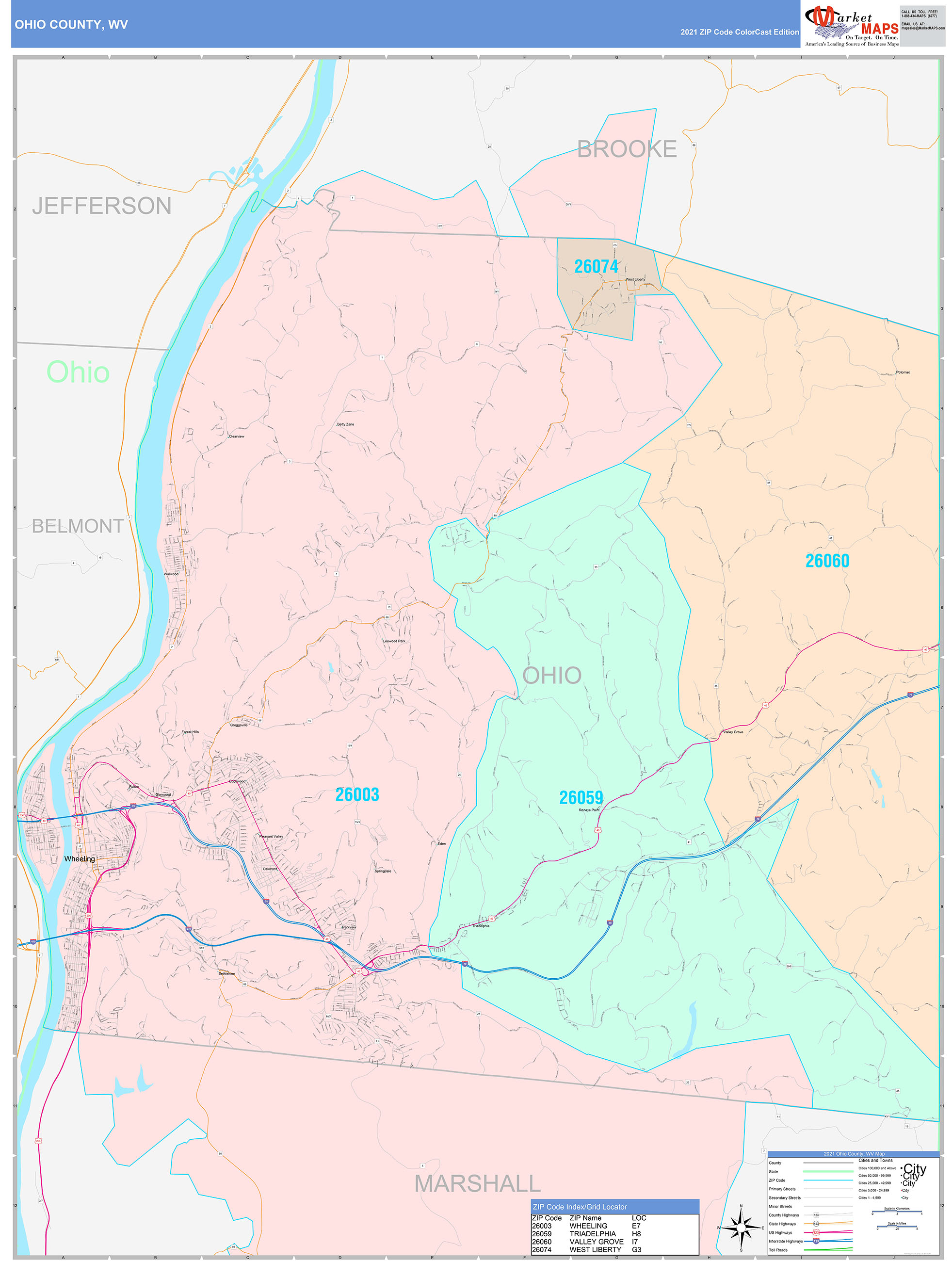 Ohio County, WV Wall Map Color Cast Style by MarketMAPS