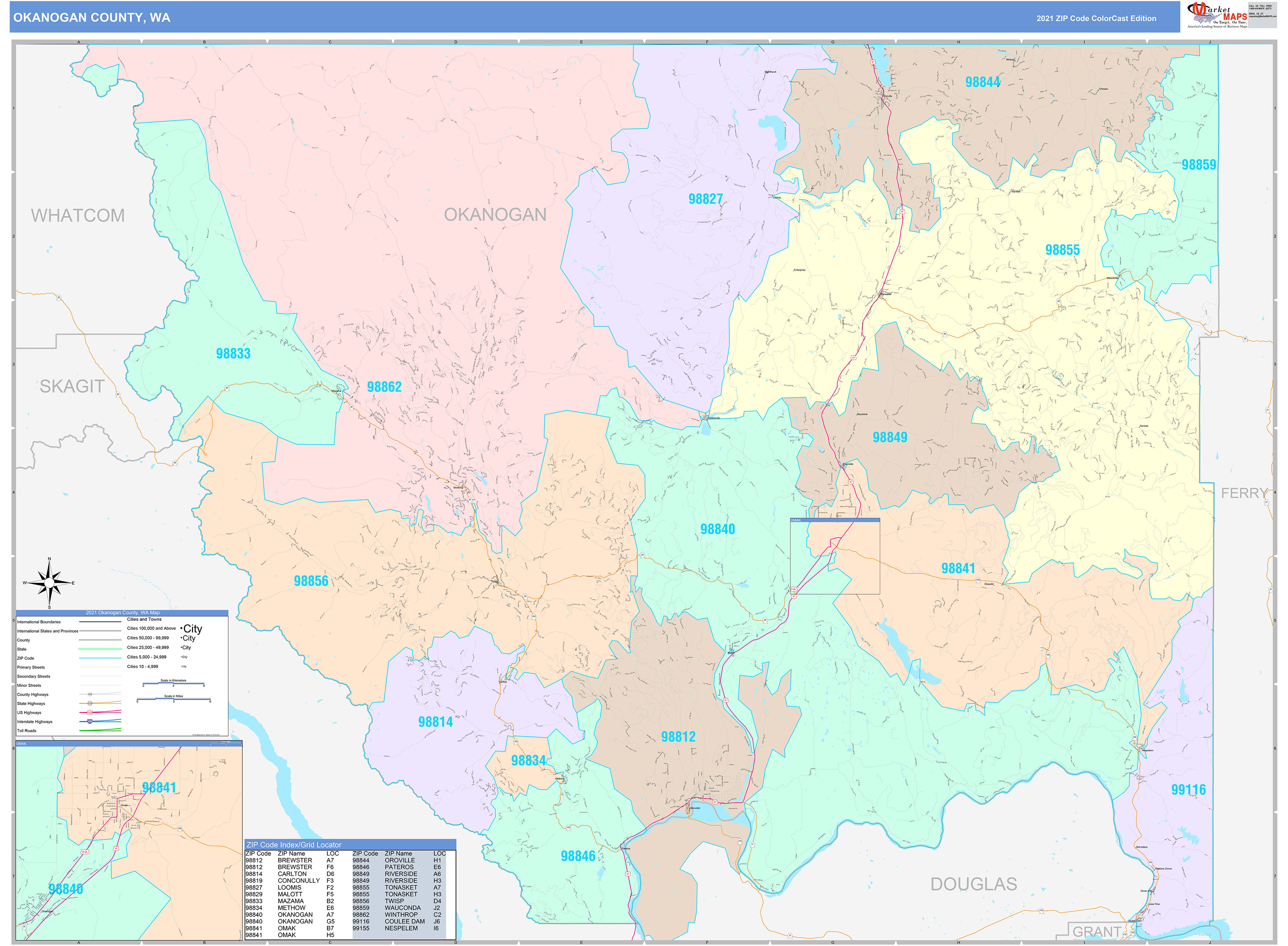 Okanogan County, WA Wall Map Color Cast Style by MarketMAPS