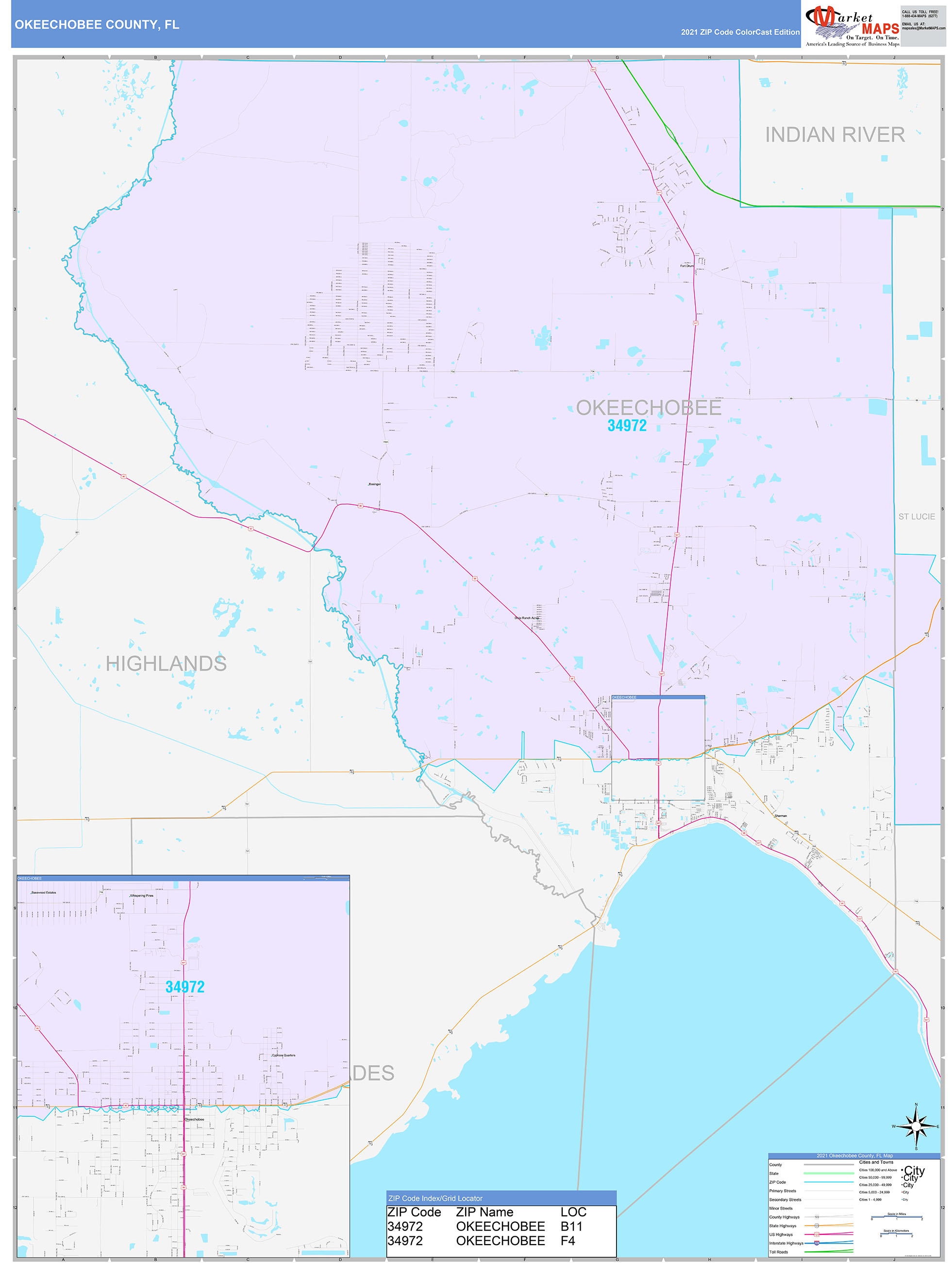 Okeechobee County, FL Wall Map Color Cast Style by MarketMAPS MapSales
