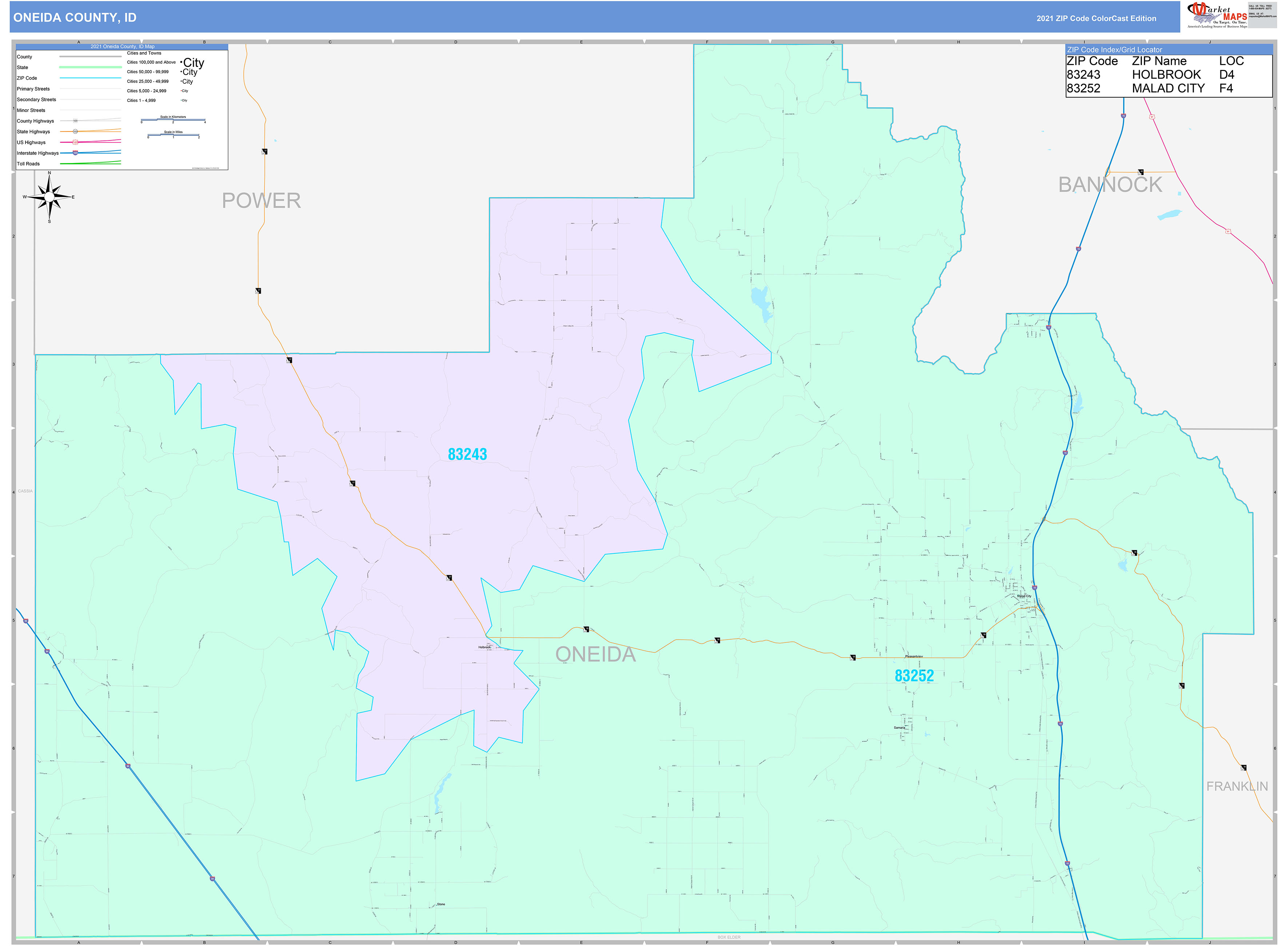 Oneida County, ID Wall Map Color Cast Style by MarketMAPS