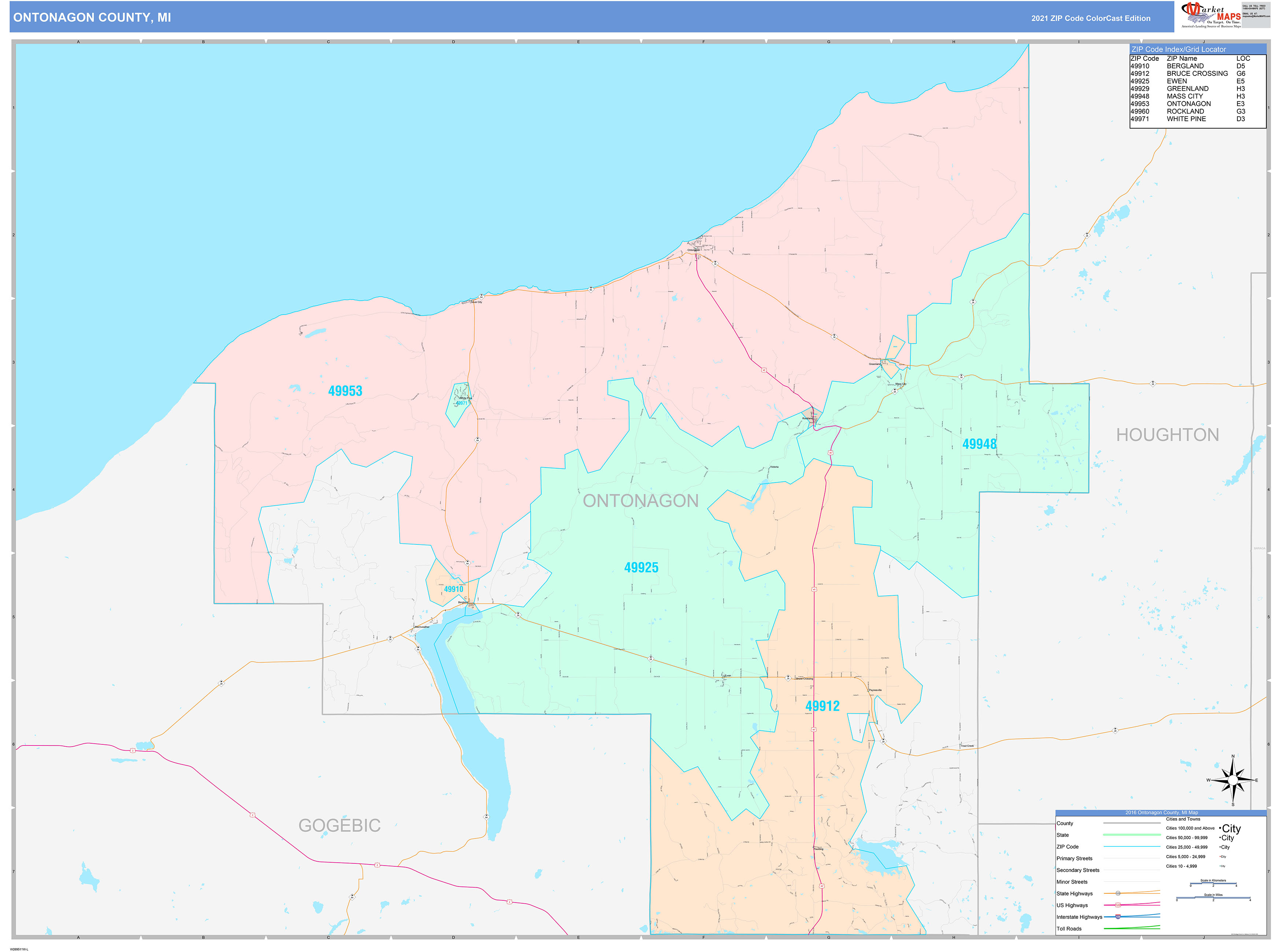 Ontonagon County, MI Wall Map Color Cast Style by MarketMAPS