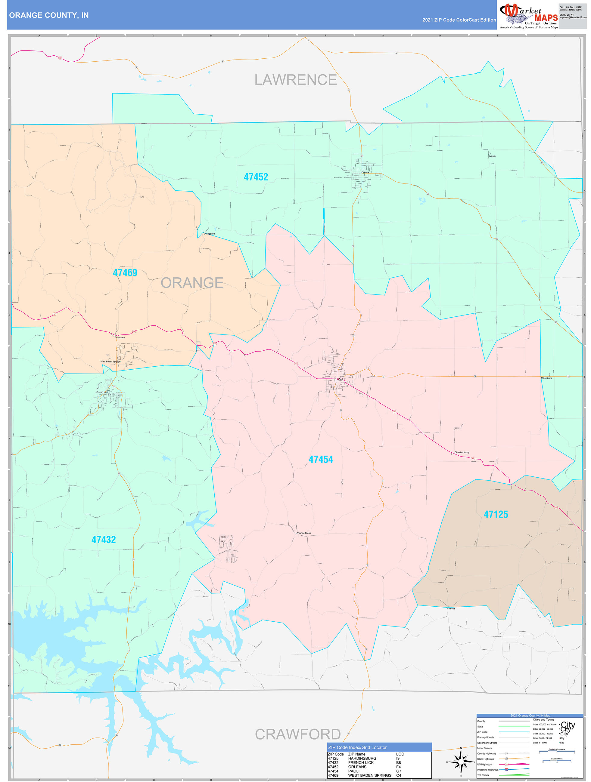 Orange County, IN Wall Map Color Cast Style by MarketMAPS