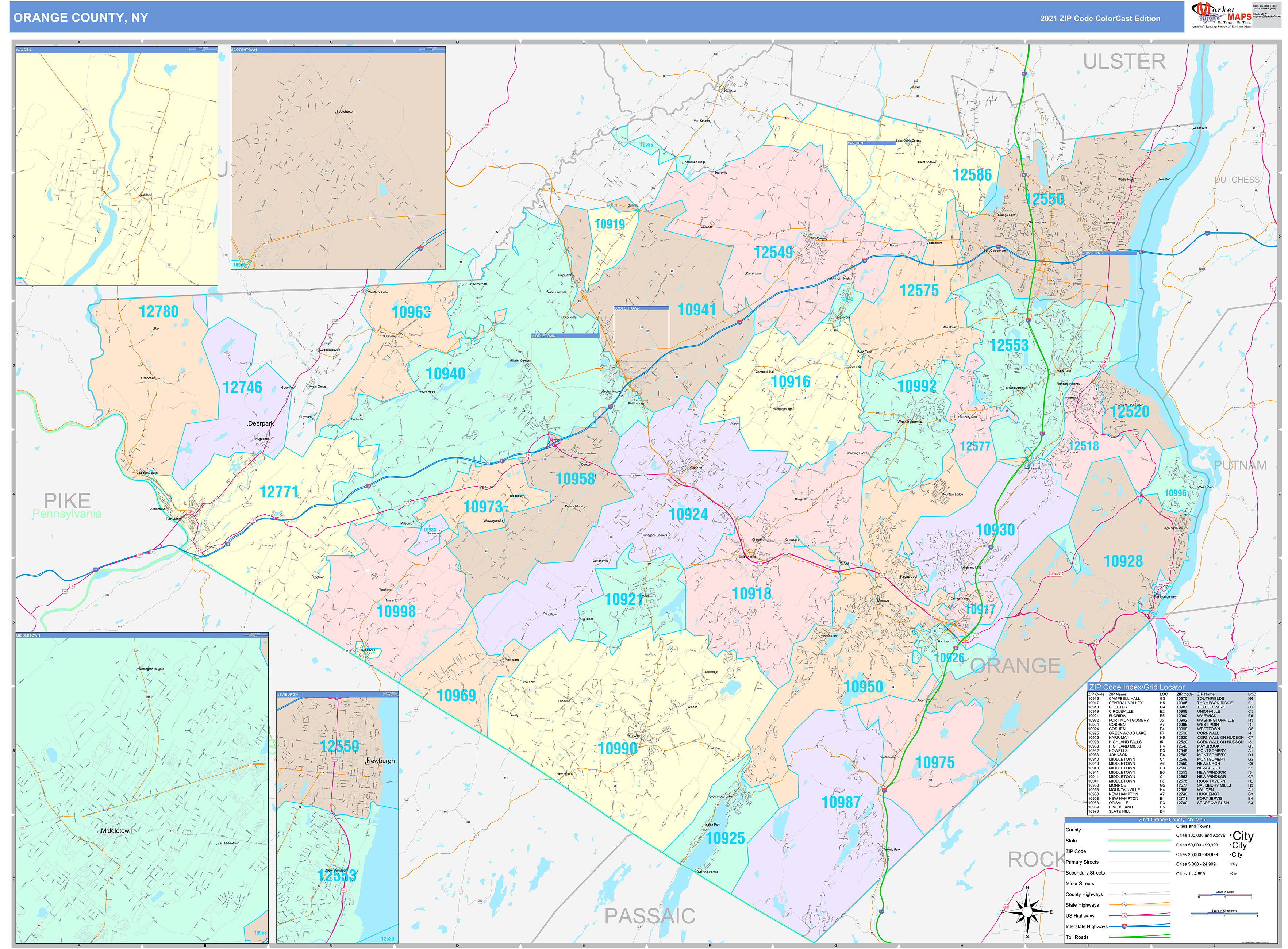 Orange County, NY Wall Map Color Cast Style by MarketMAPS