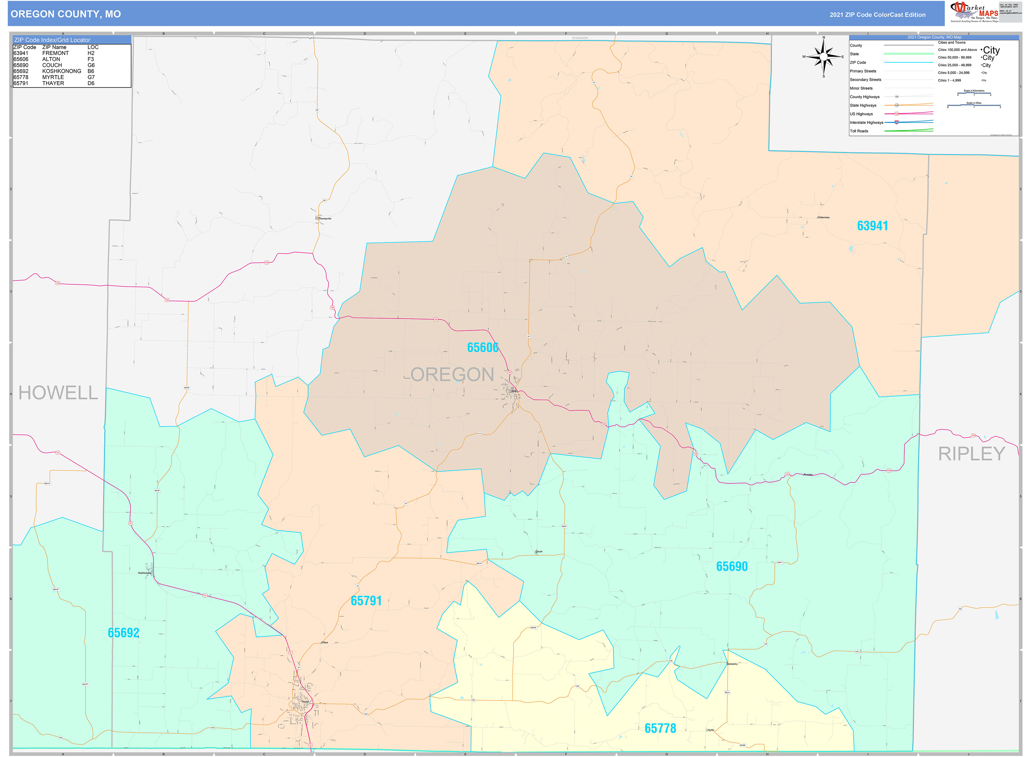 Oregon County, MO Wall Map Color Cast Style by MarketMAPS