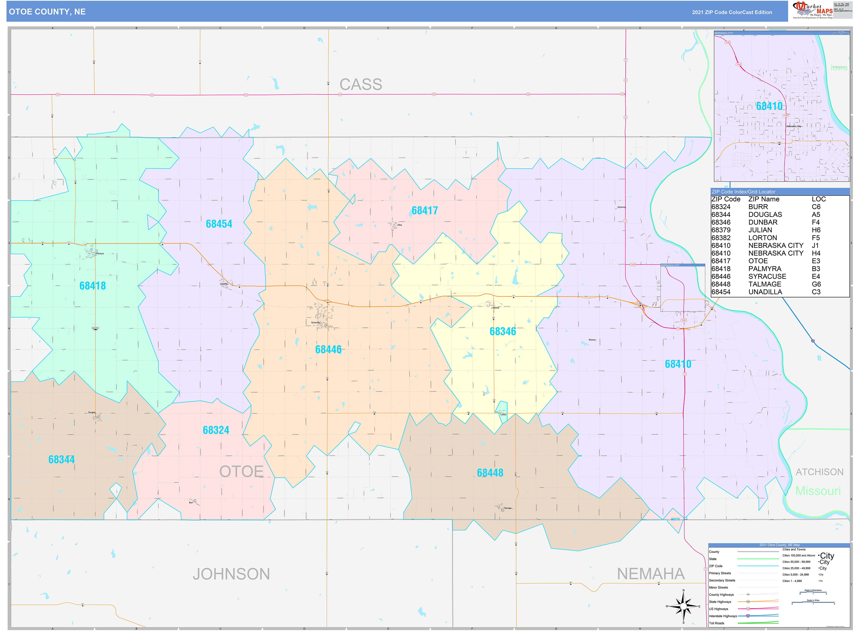 Otoe County, NE Wall Map Color Cast Style by MarketMAPS MapSales