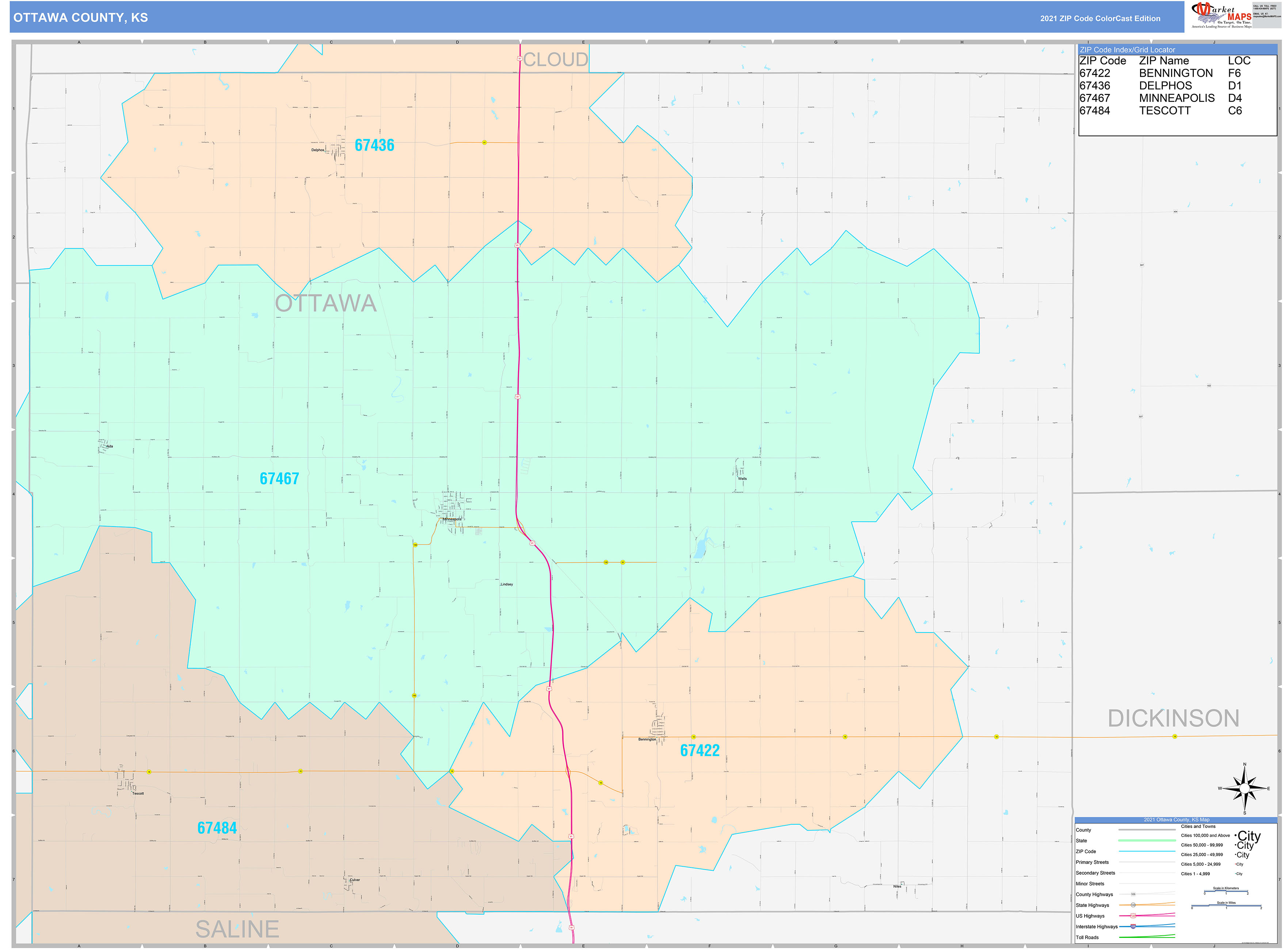 Ottawa County, KS Wall Map Color Cast Style by MarketMAPS