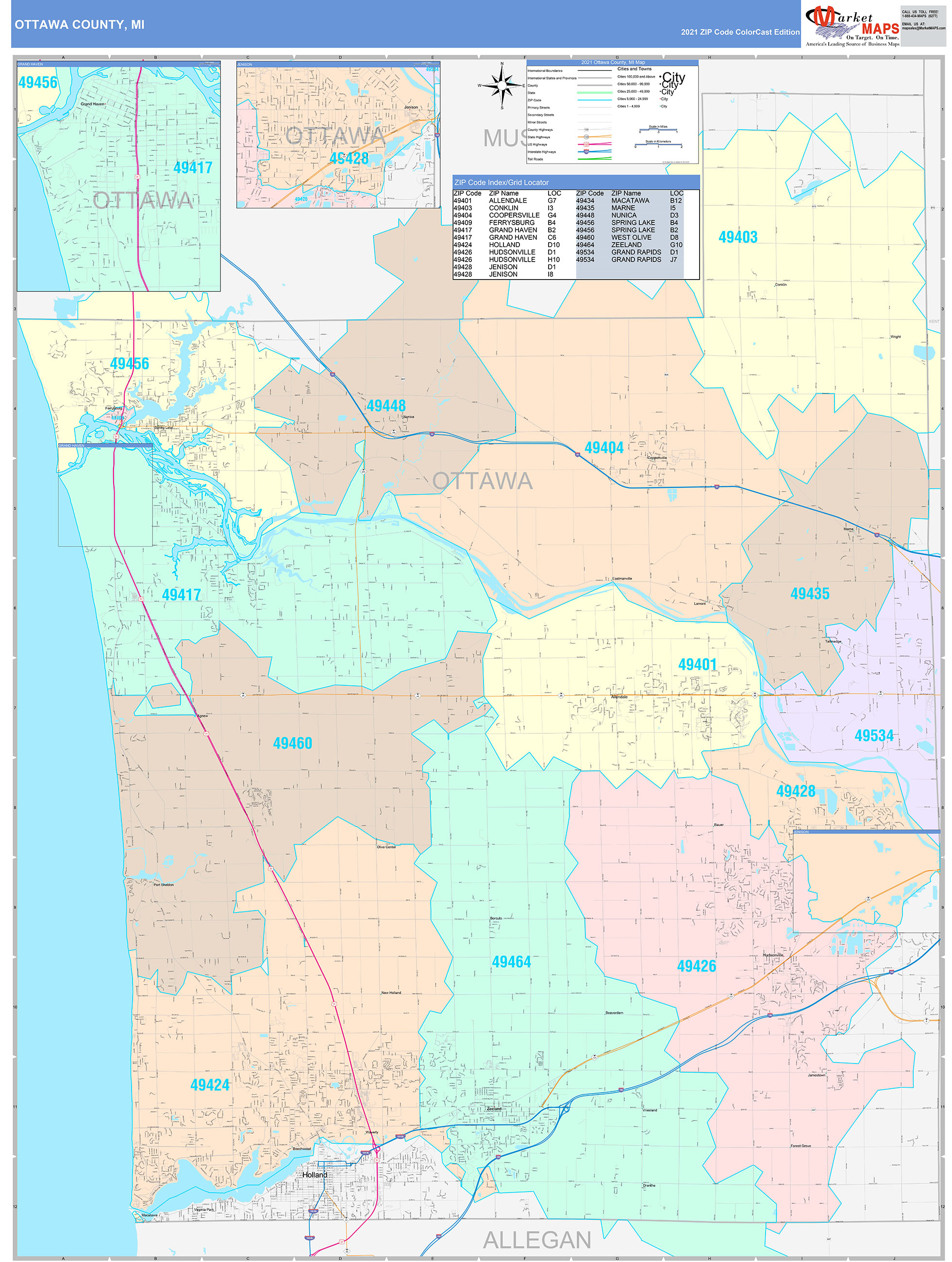 Ottawa County, MI Wall Map Color Cast Style by MarketMAPS - MapSales