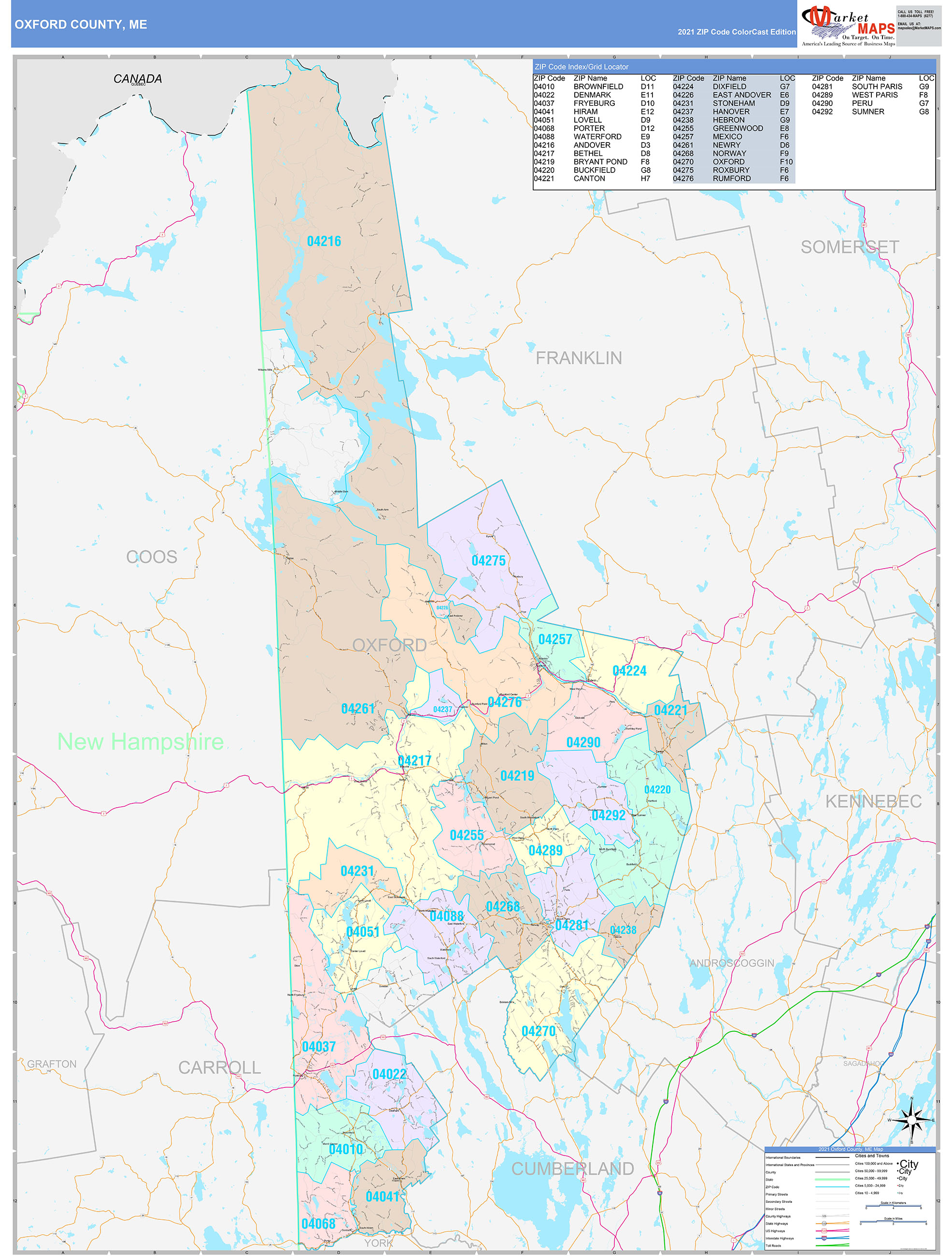 Oxford County, ME Wall Map Color Cast Style by MarketMAPS