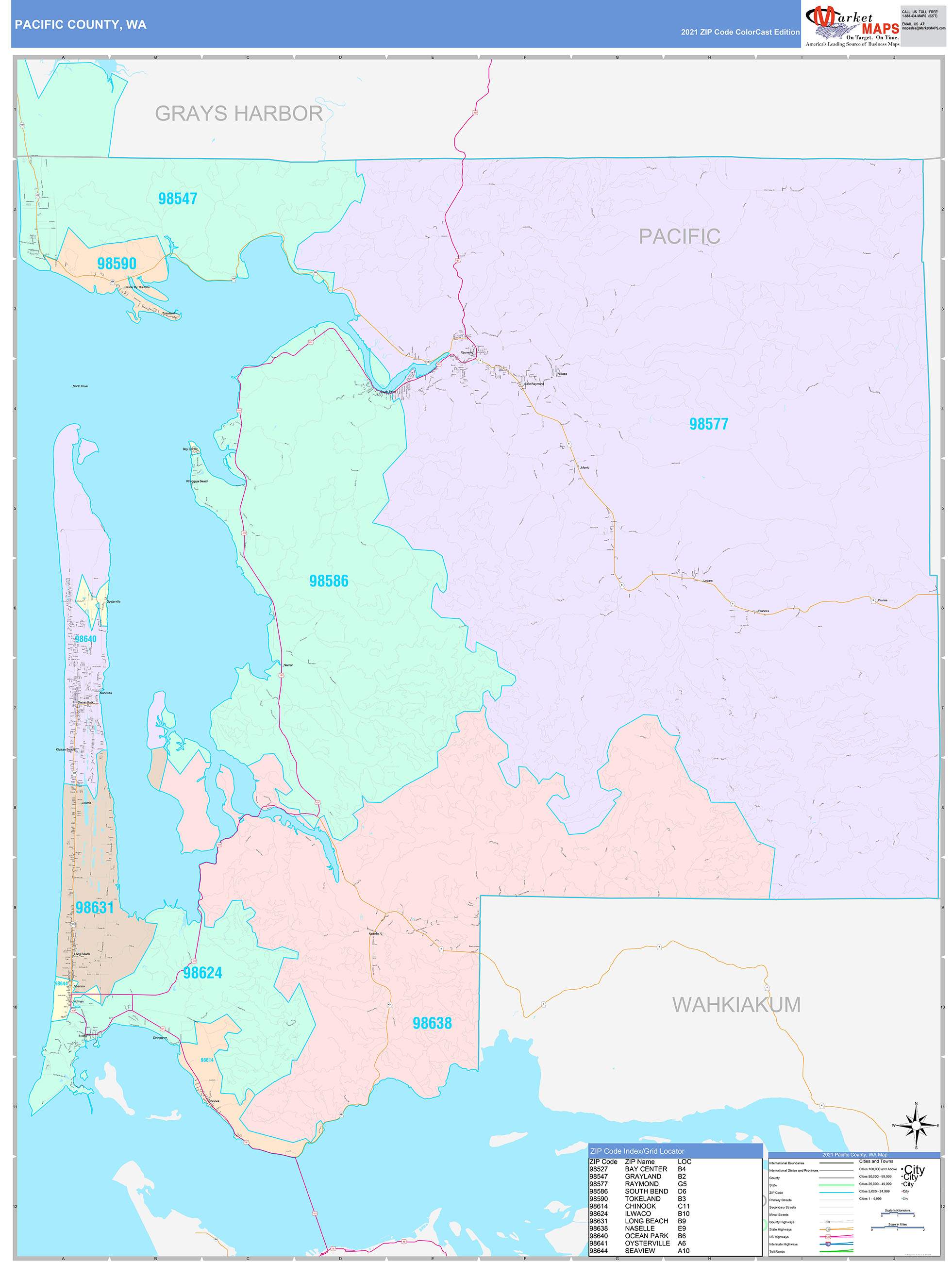 Pacific County, WA Wall Map Color Cast Style by MarketMAPS MapSales