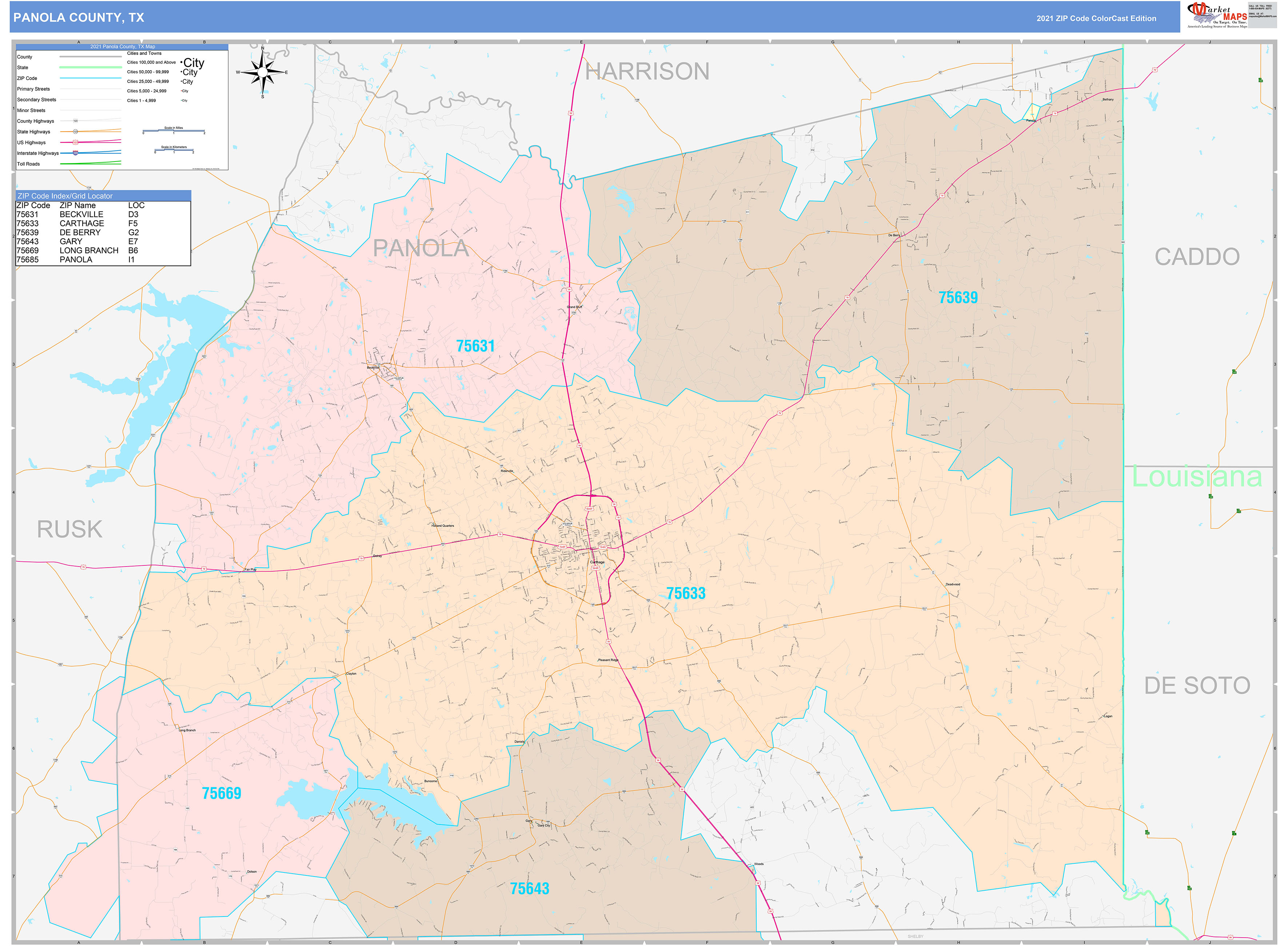 Panola County, TX Wall Map Color Cast Style by MarketMAPS