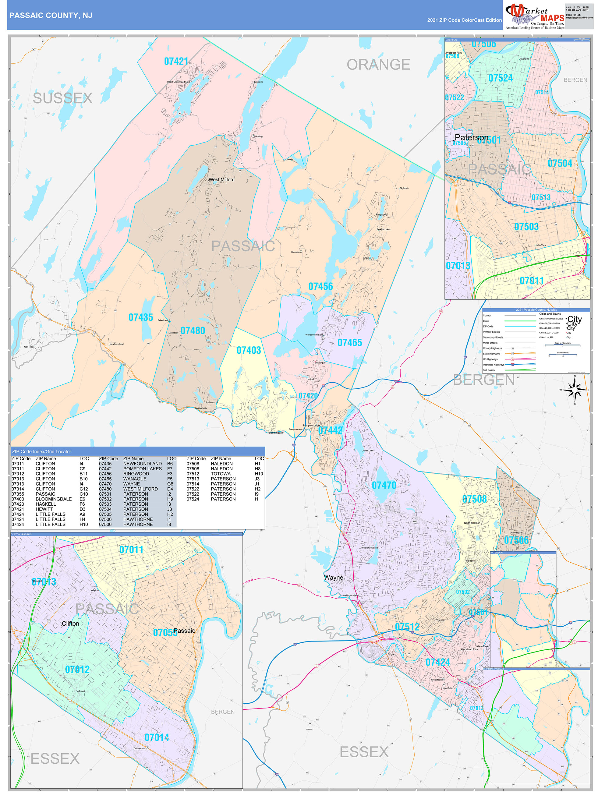 Passaic County, NJ Wall Map Color Cast Style by MarketMAPS