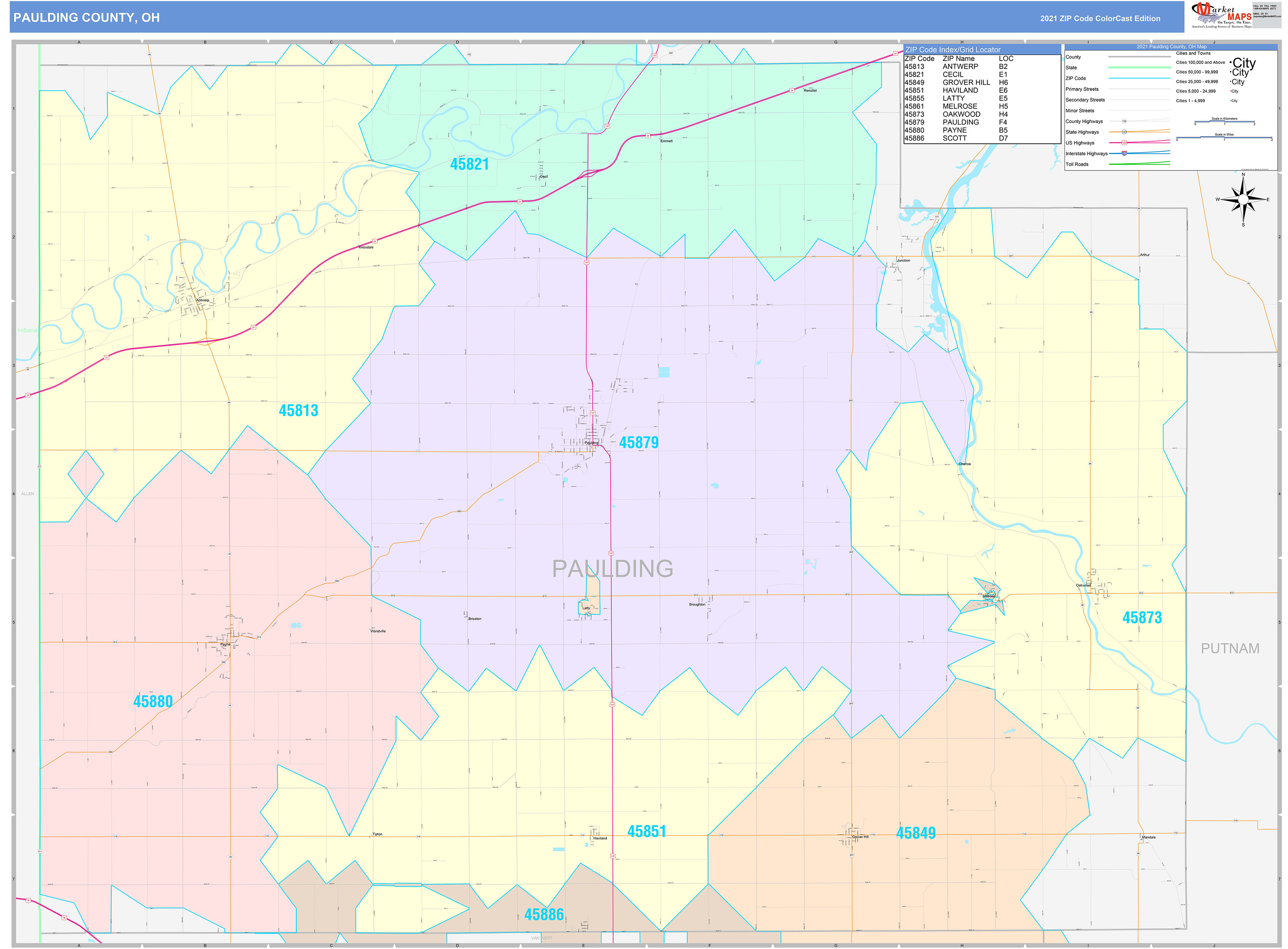 Paulding County, OH Wall Map Color Cast Style by MarketMAPS