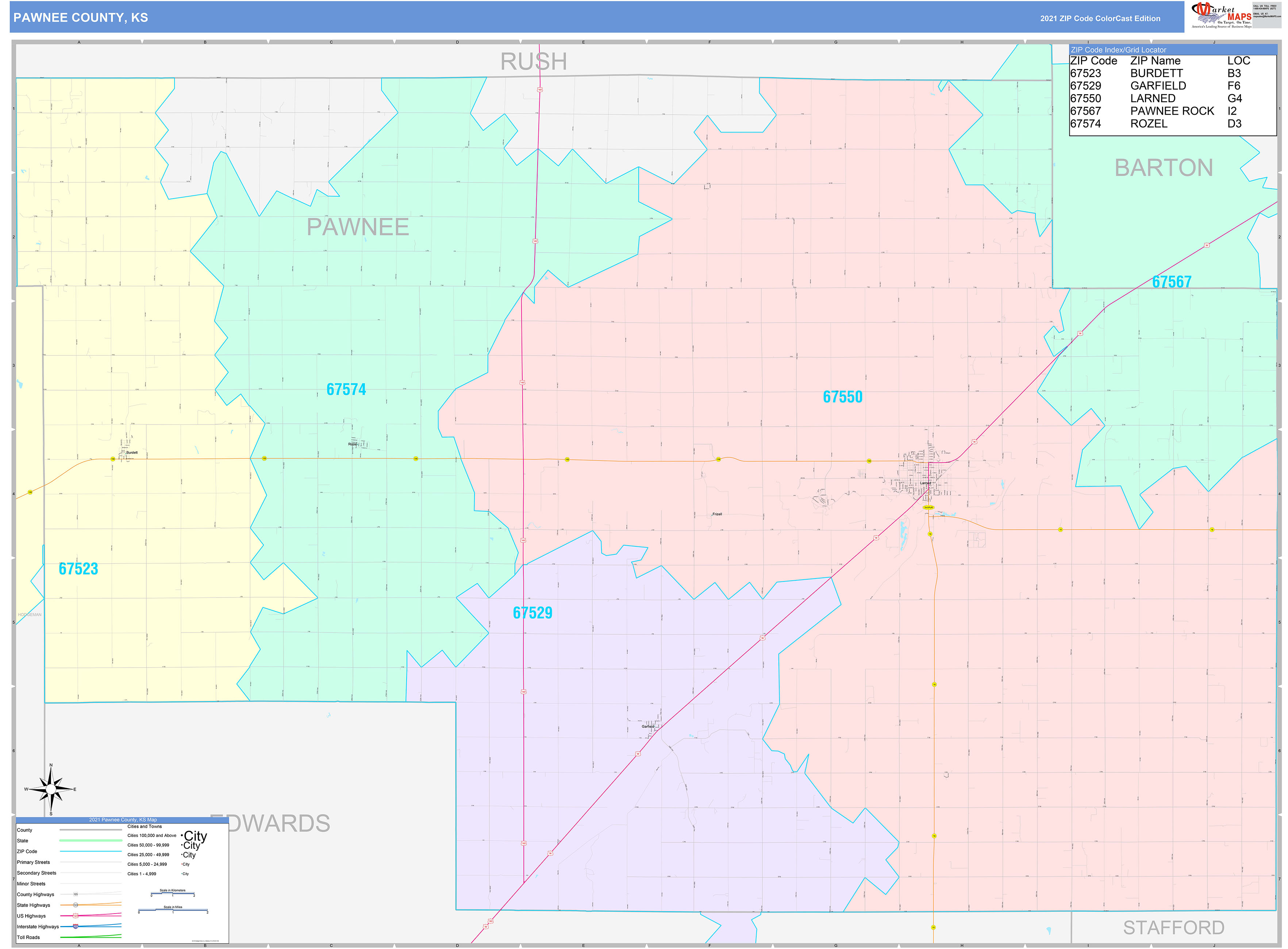 Pawnee County, KS Wall Map Color Cast Style by MarketMAPS