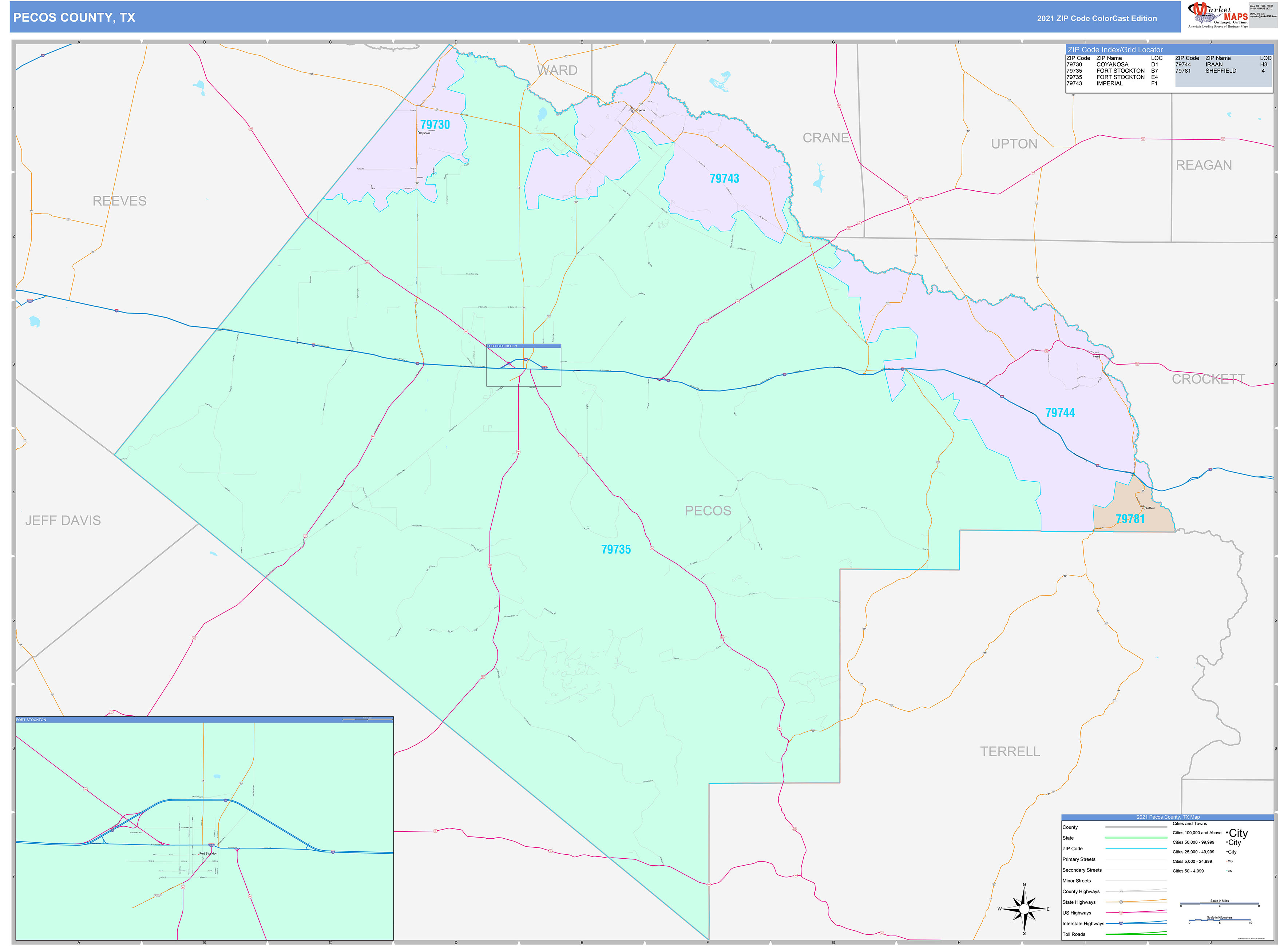 Pecos County, TX Wall Map Color Cast Style by MarketMAPS MapSales