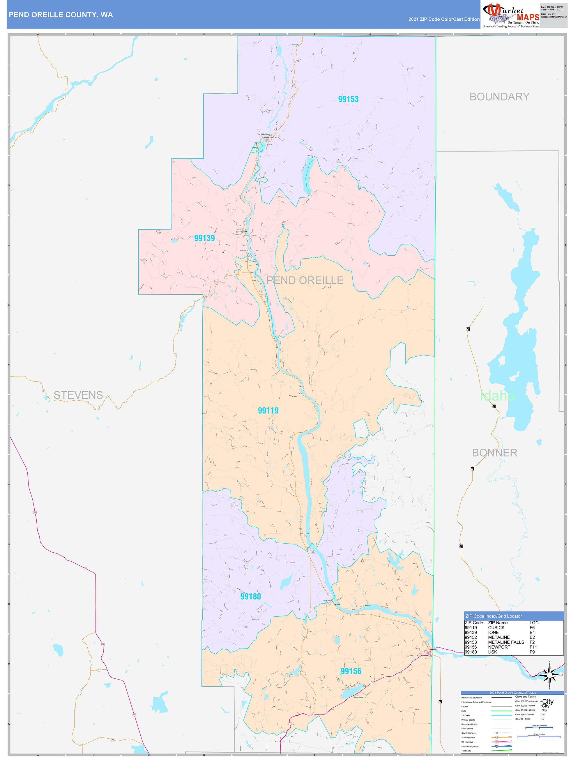 Pend Oreille County, WA Wall Map Color Cast Style by MarketMAPS