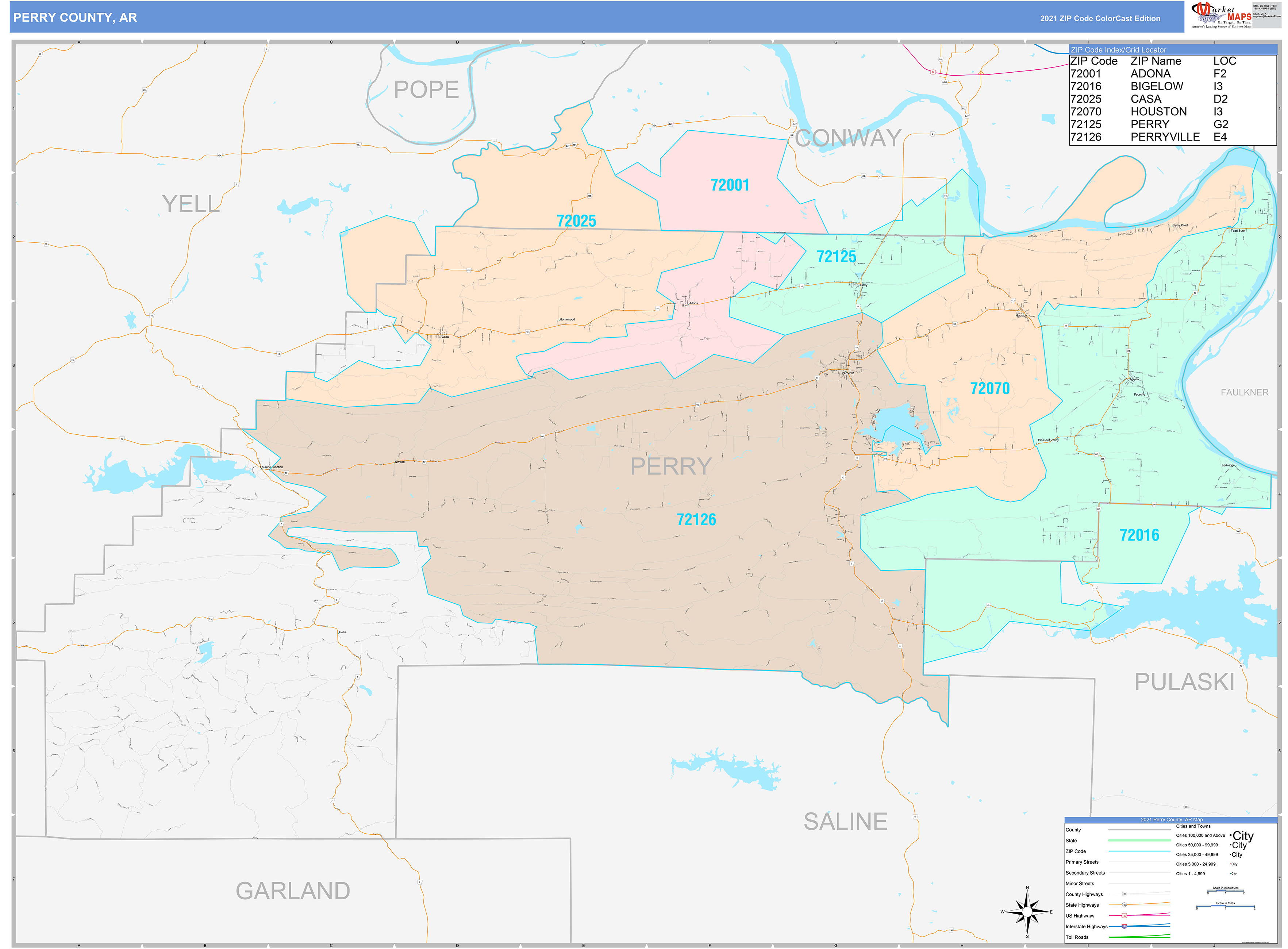 Perry County, AR Wall Map Color Cast Style by MarketMAPS MapSales