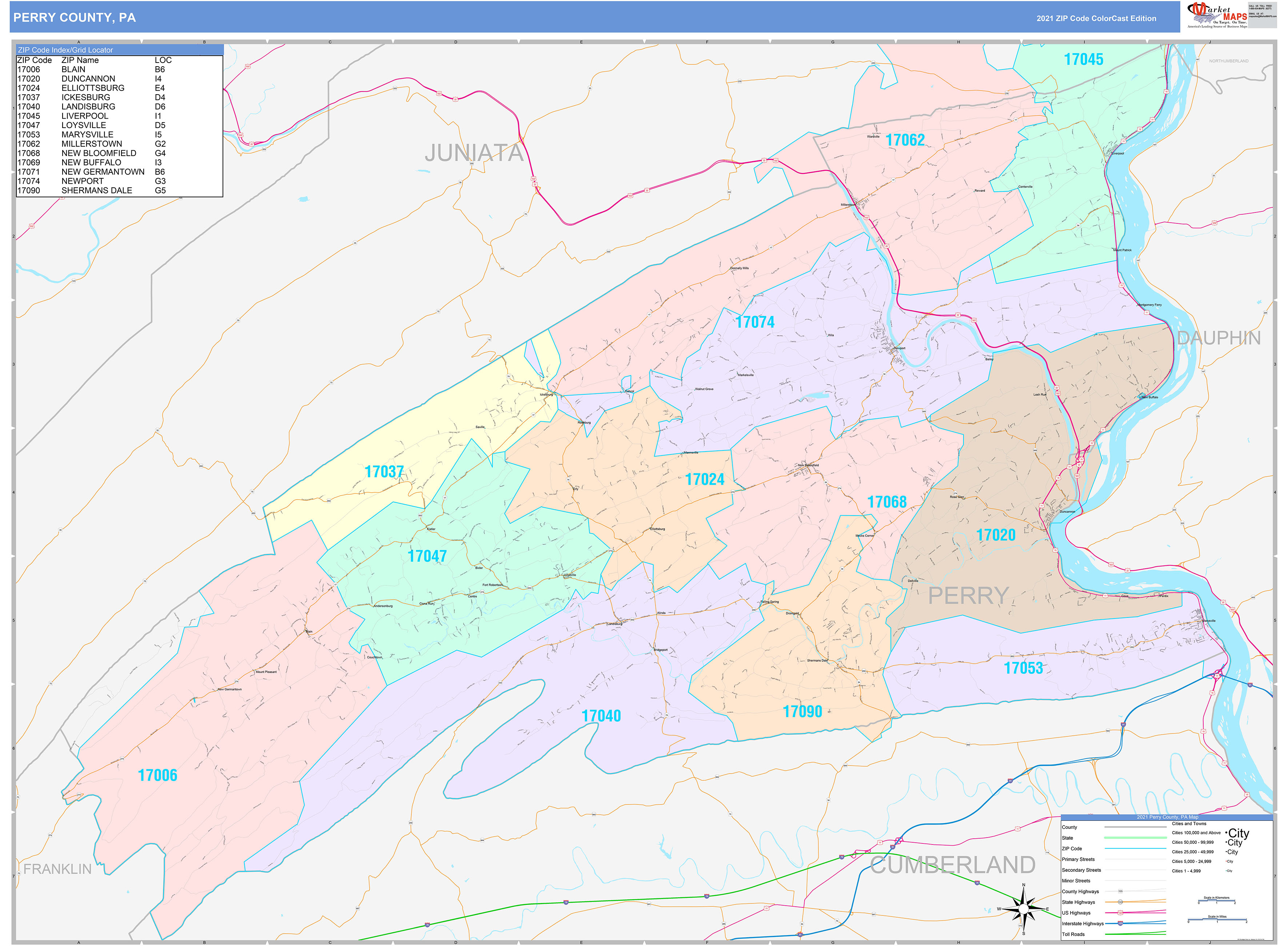 Perry County, PA Wall Map Color Cast Style by MarketMAPS - MapSales