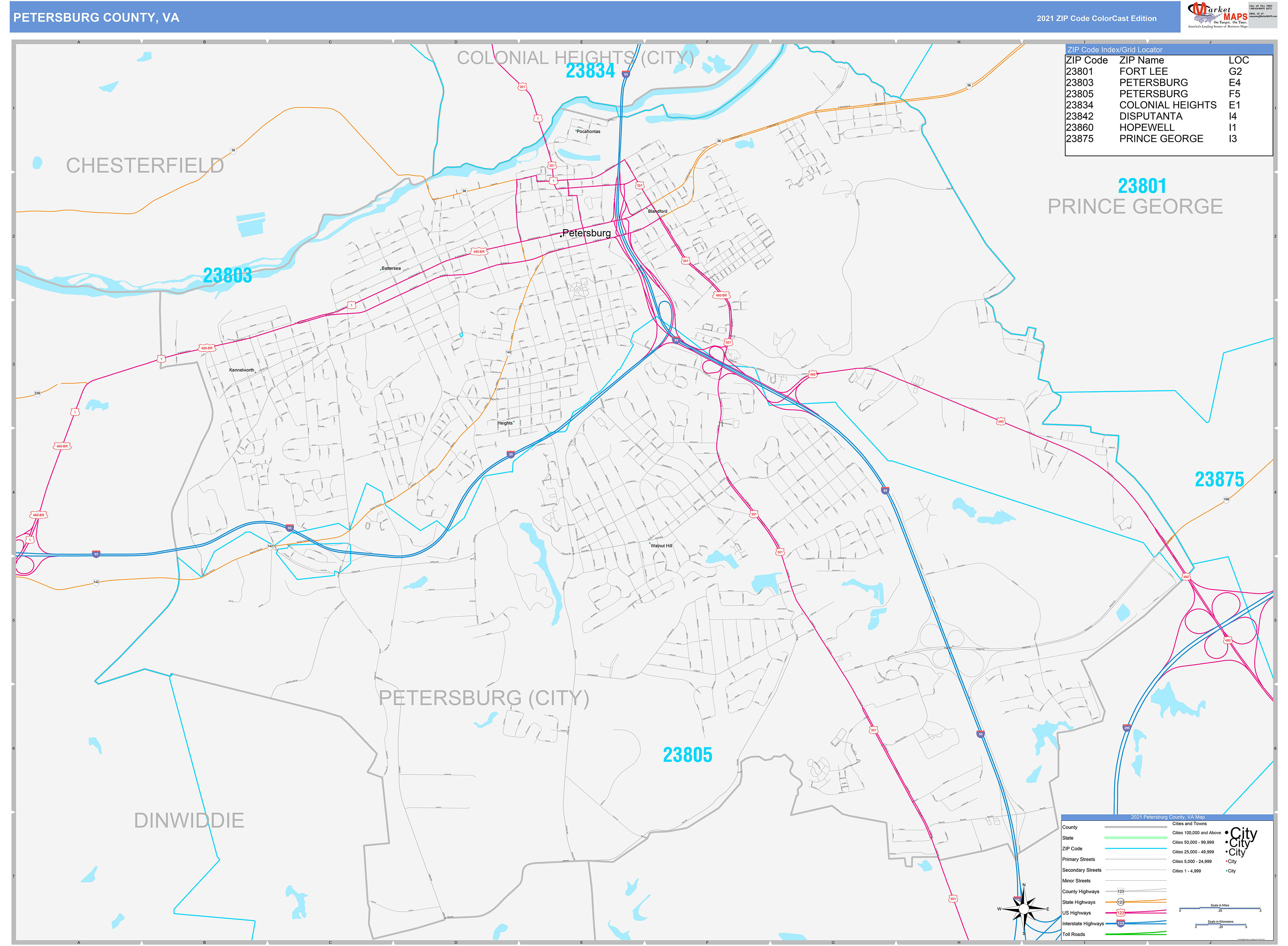 Petersburg County, VA Wall Map Color Cast Style by MarketMAPS