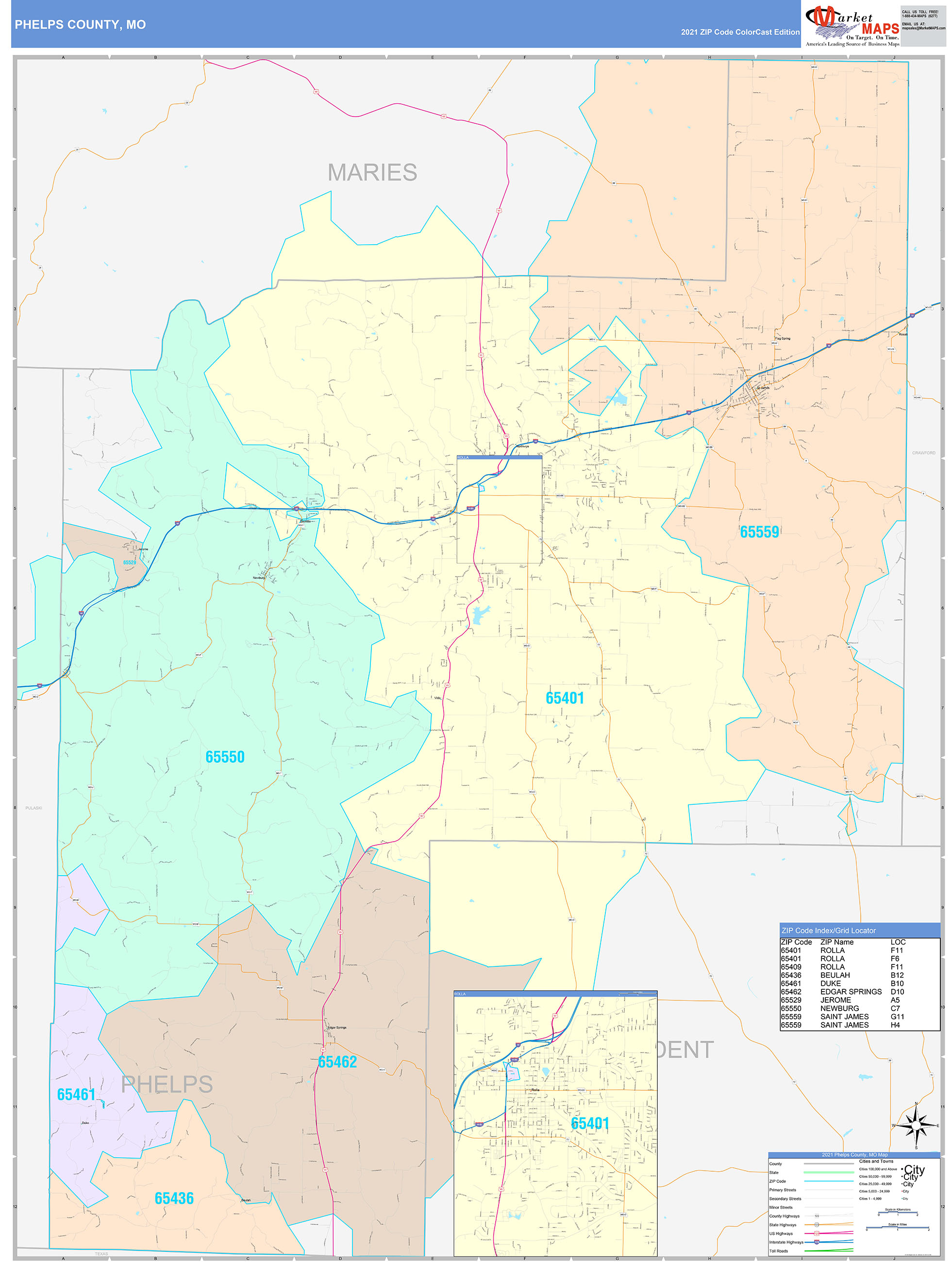 Phelps County, MO Wall Map Color Cast Style by MarketMAPS MapSales