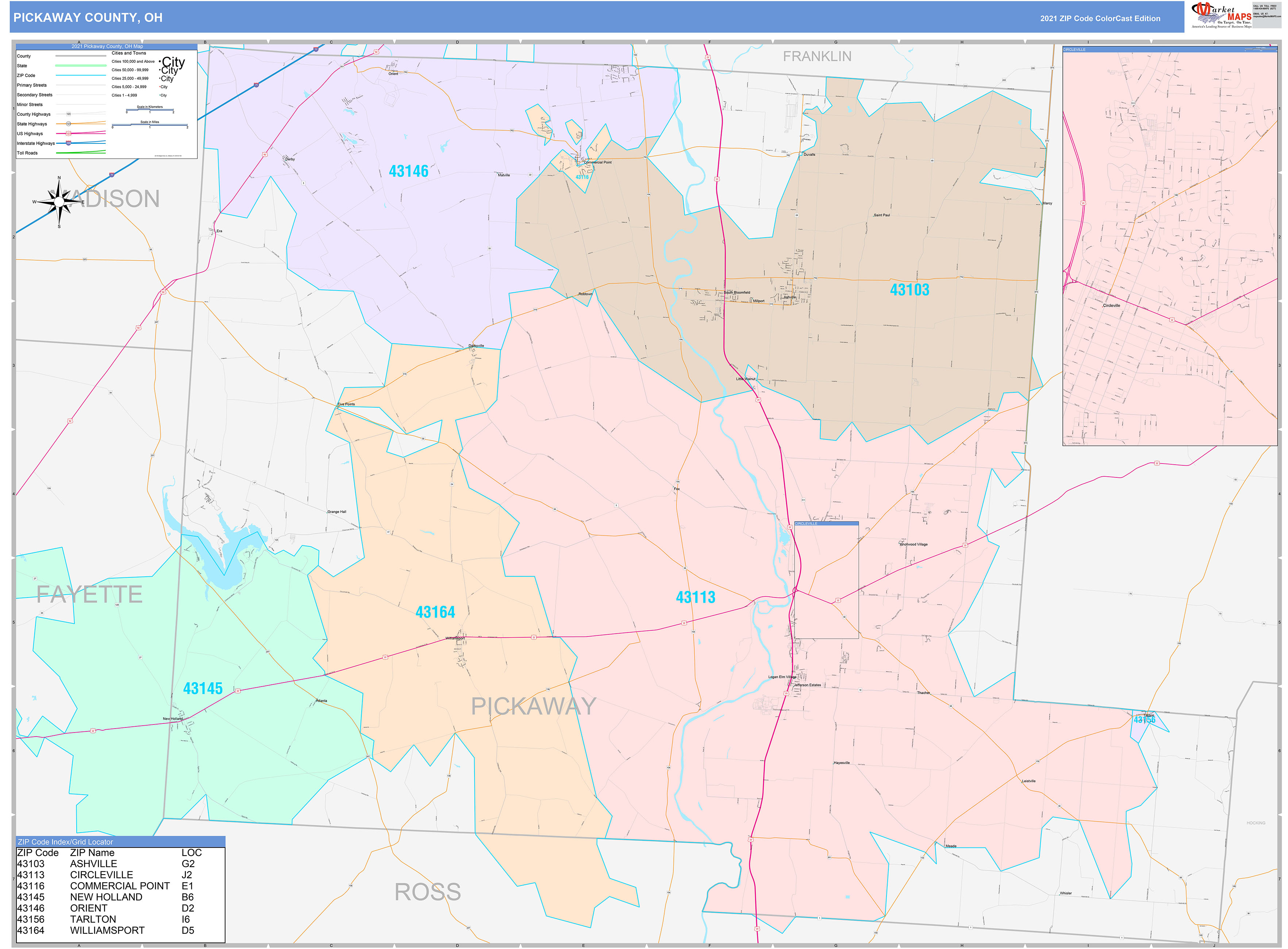 Pickaway County, OH Wall Map Color Cast Style by MarketMAPS