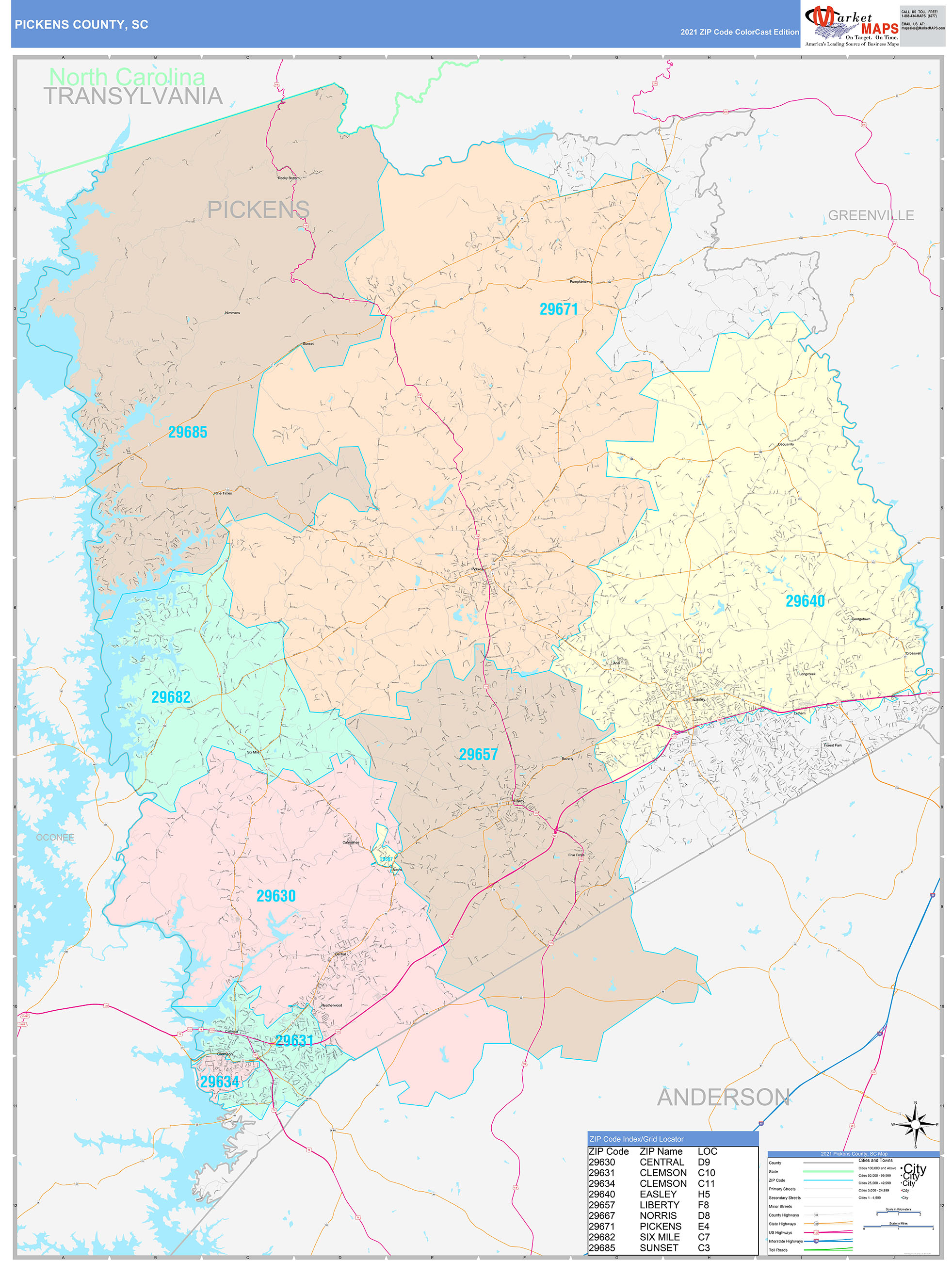 Pickens County, SC Wall Map Color Cast Style by MarketMAPS MapSales
