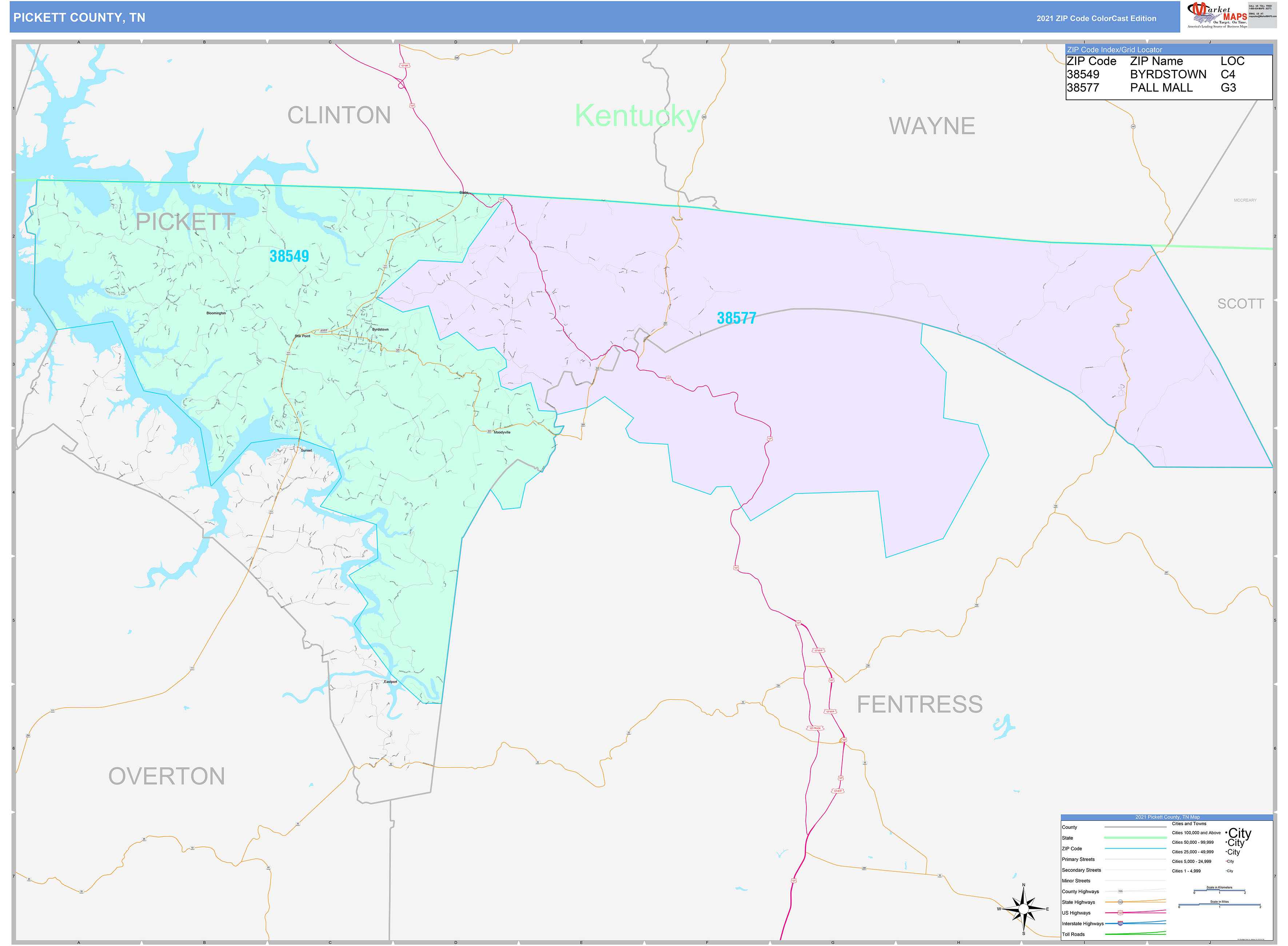 Pickett County, TN Wall Map Color Cast Style by MarketMAPS