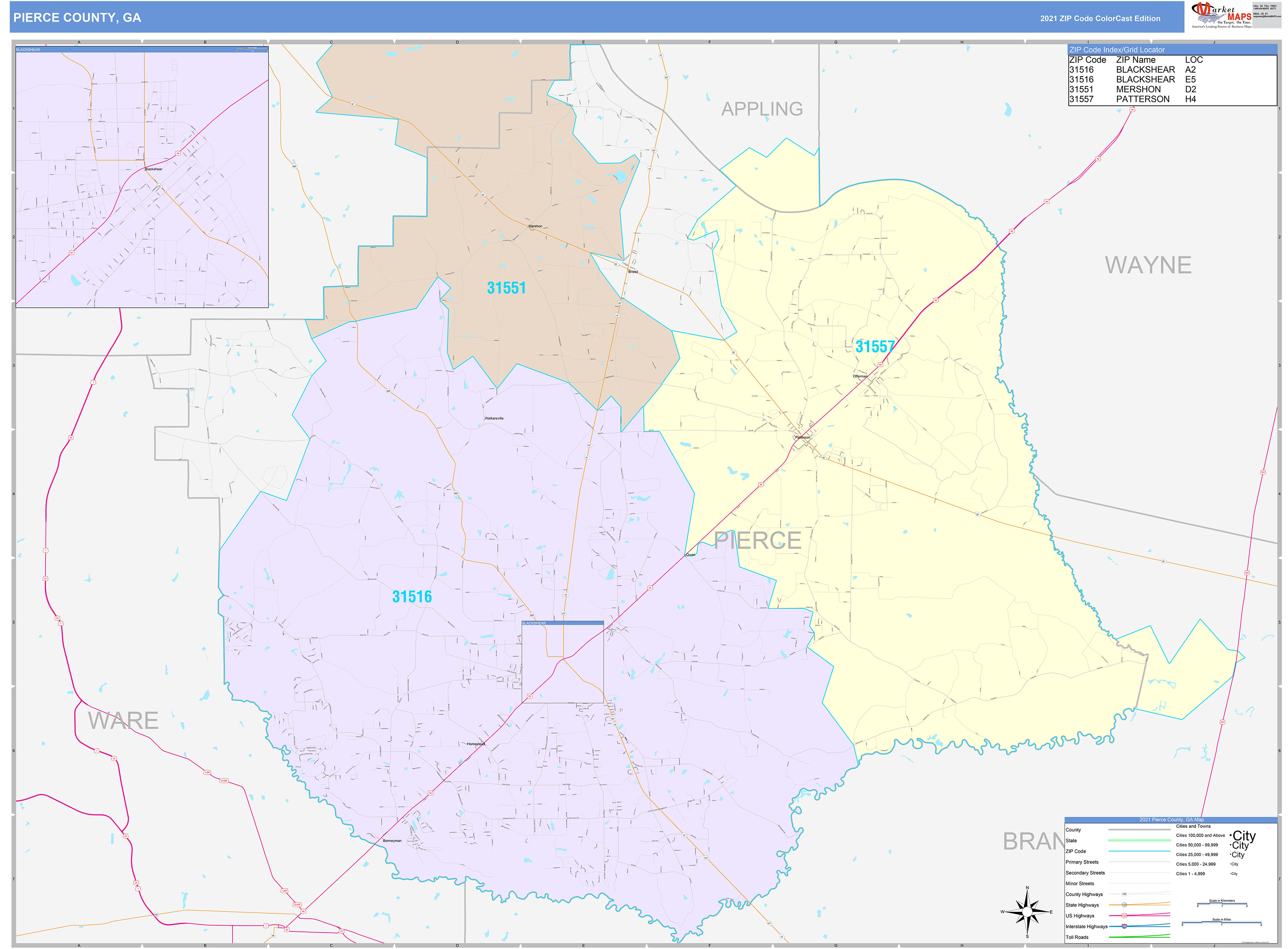 Pierce County, GA Wall Map Color Cast Style by MarketMAPS