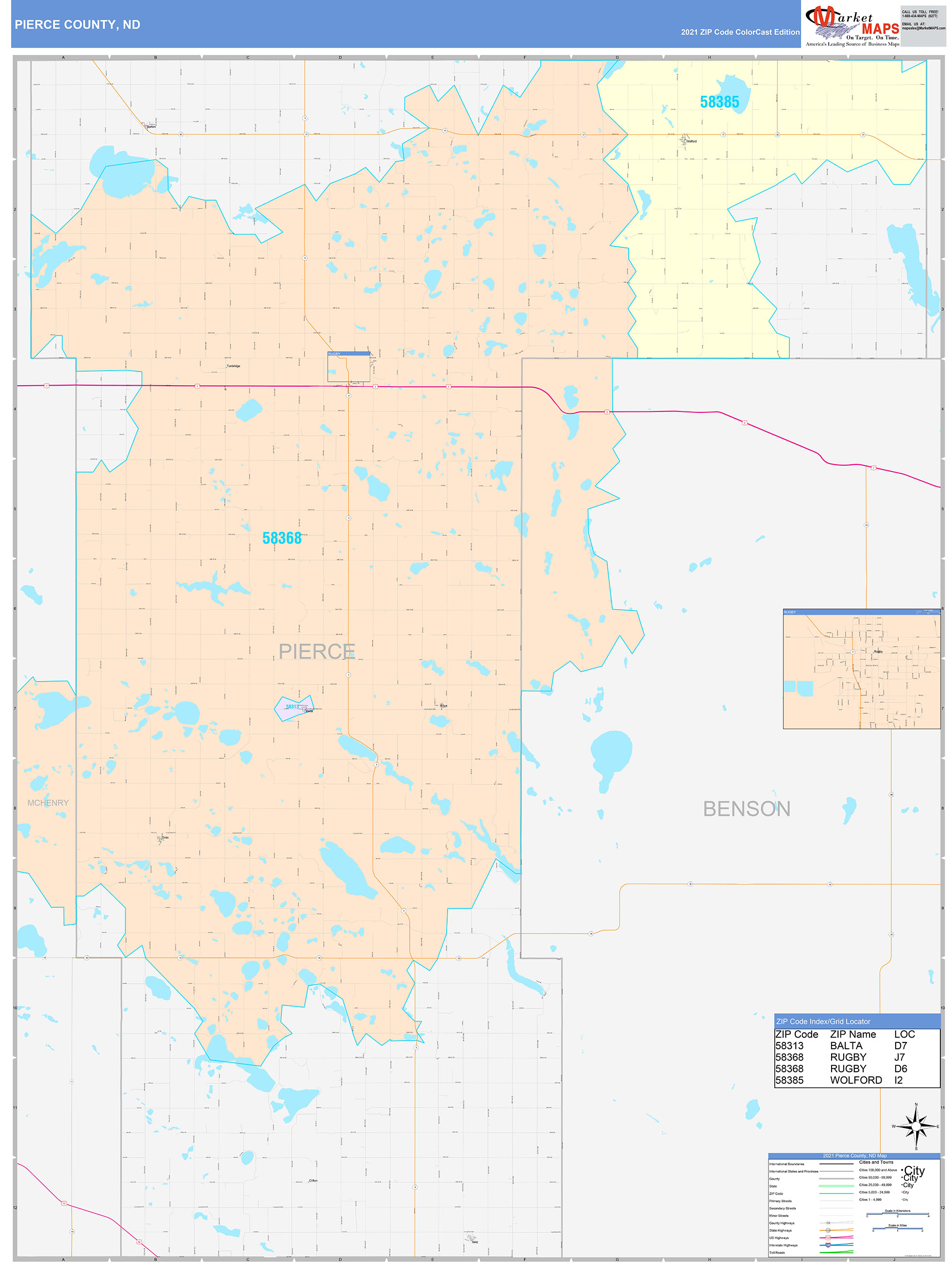 Pierce County, ND Wall Map Color Cast Style by MarketMAPS