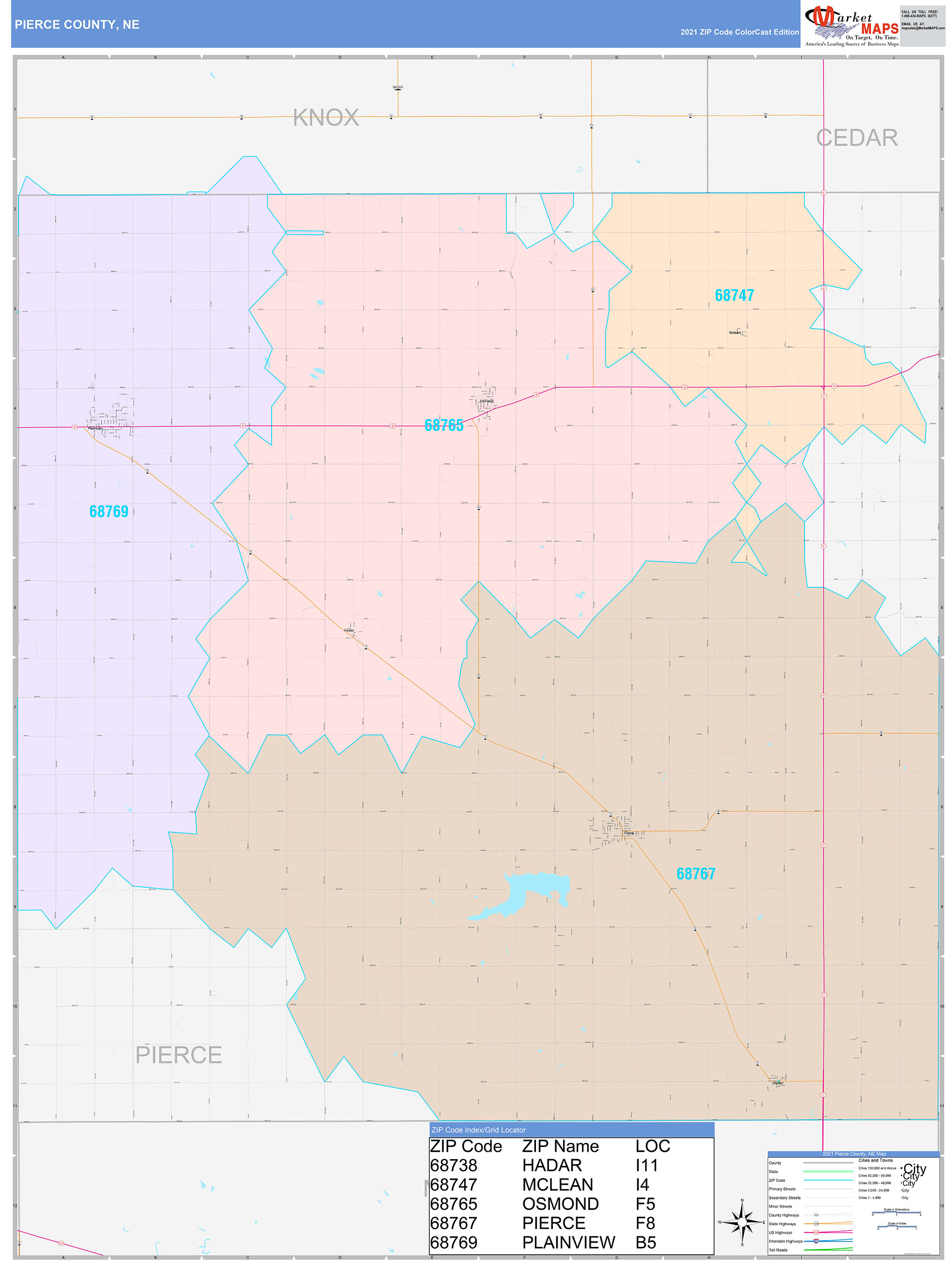 Pierce County, NE Wall Map Color Cast Style by MarketMAPS