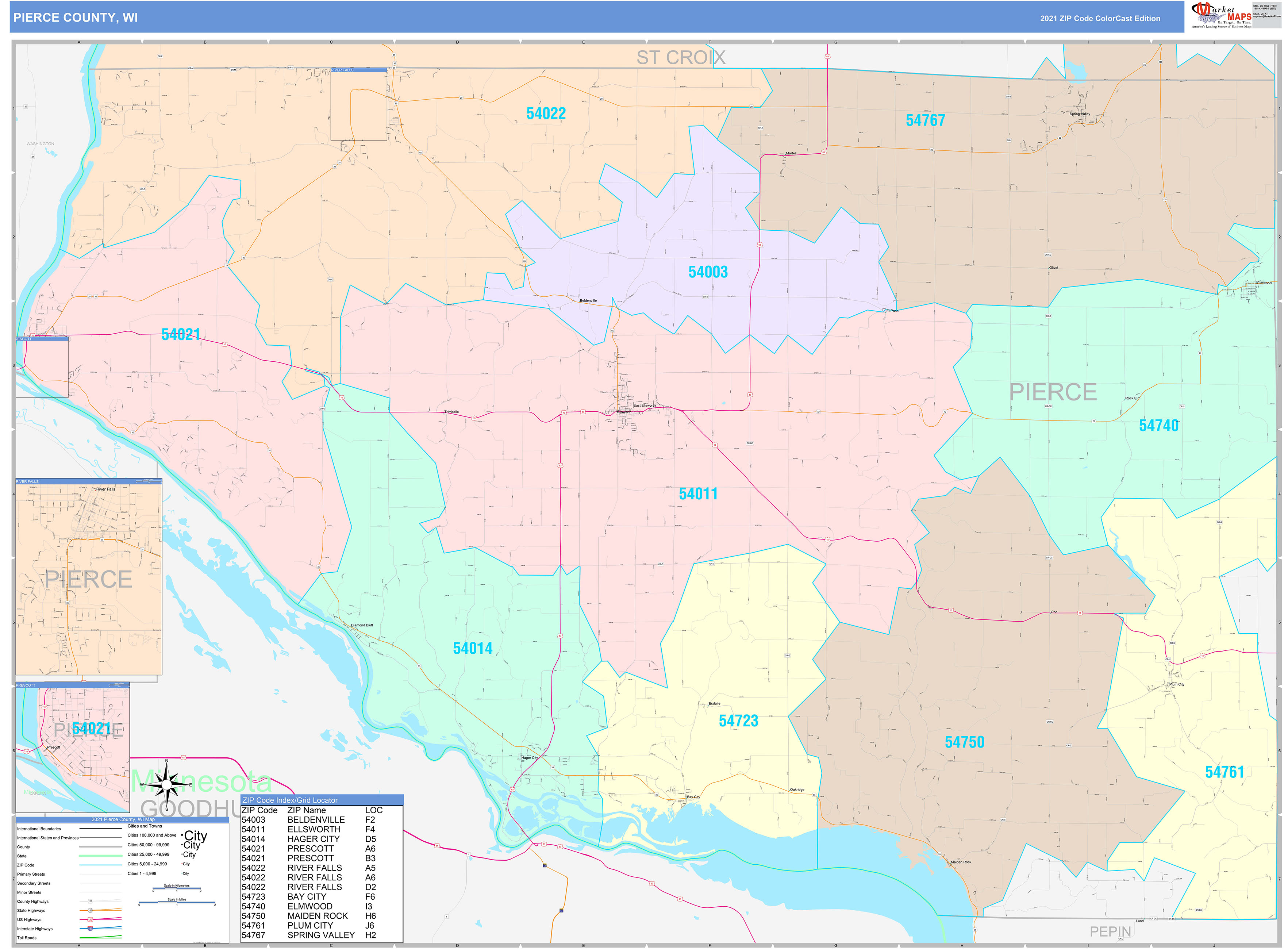 Pierce County, WI Wall Map Color Cast Style by MarketMAPS - MapSales