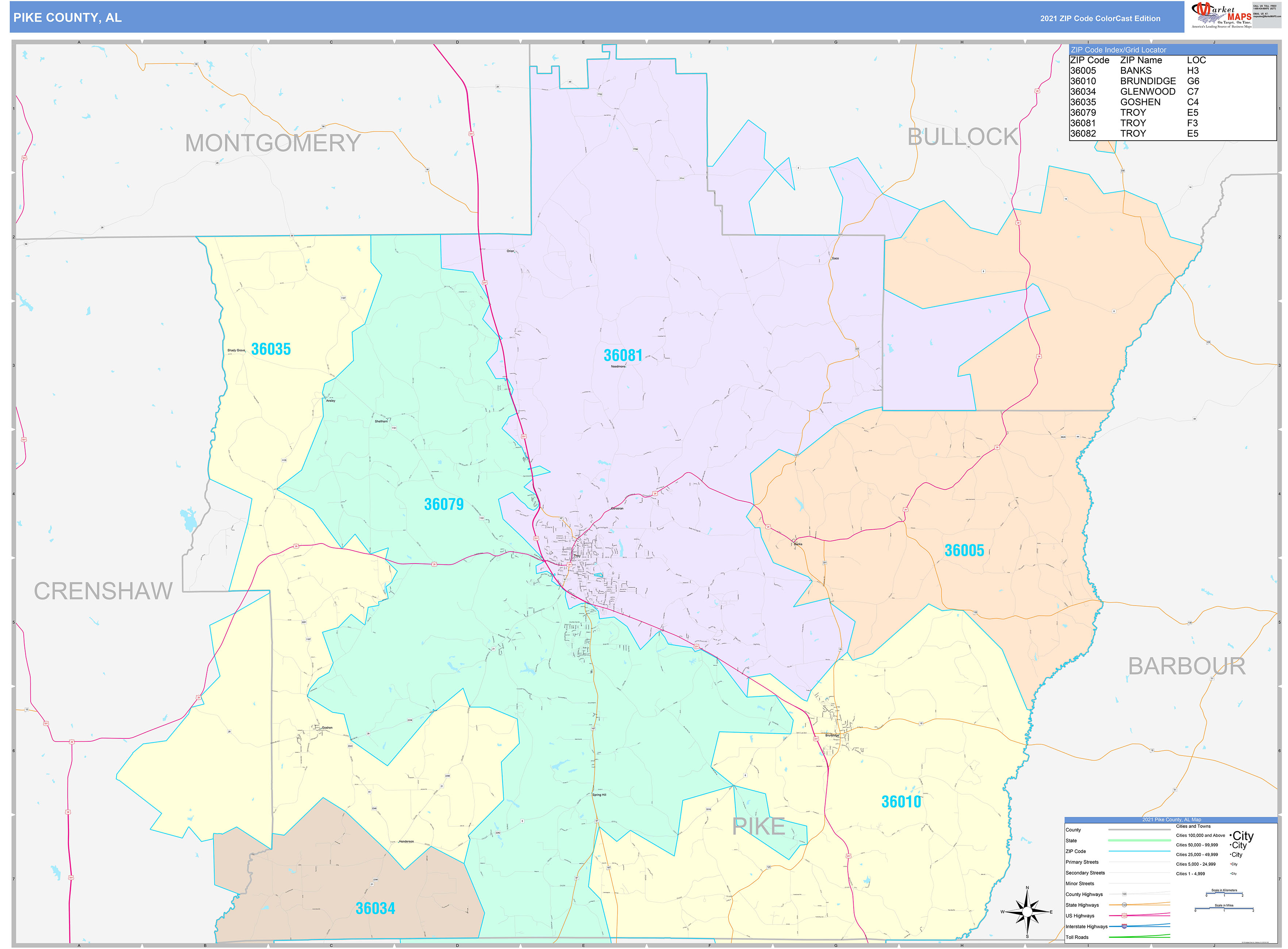 Pike County, AL Wall Map Color Cast Style by MarketMAPS