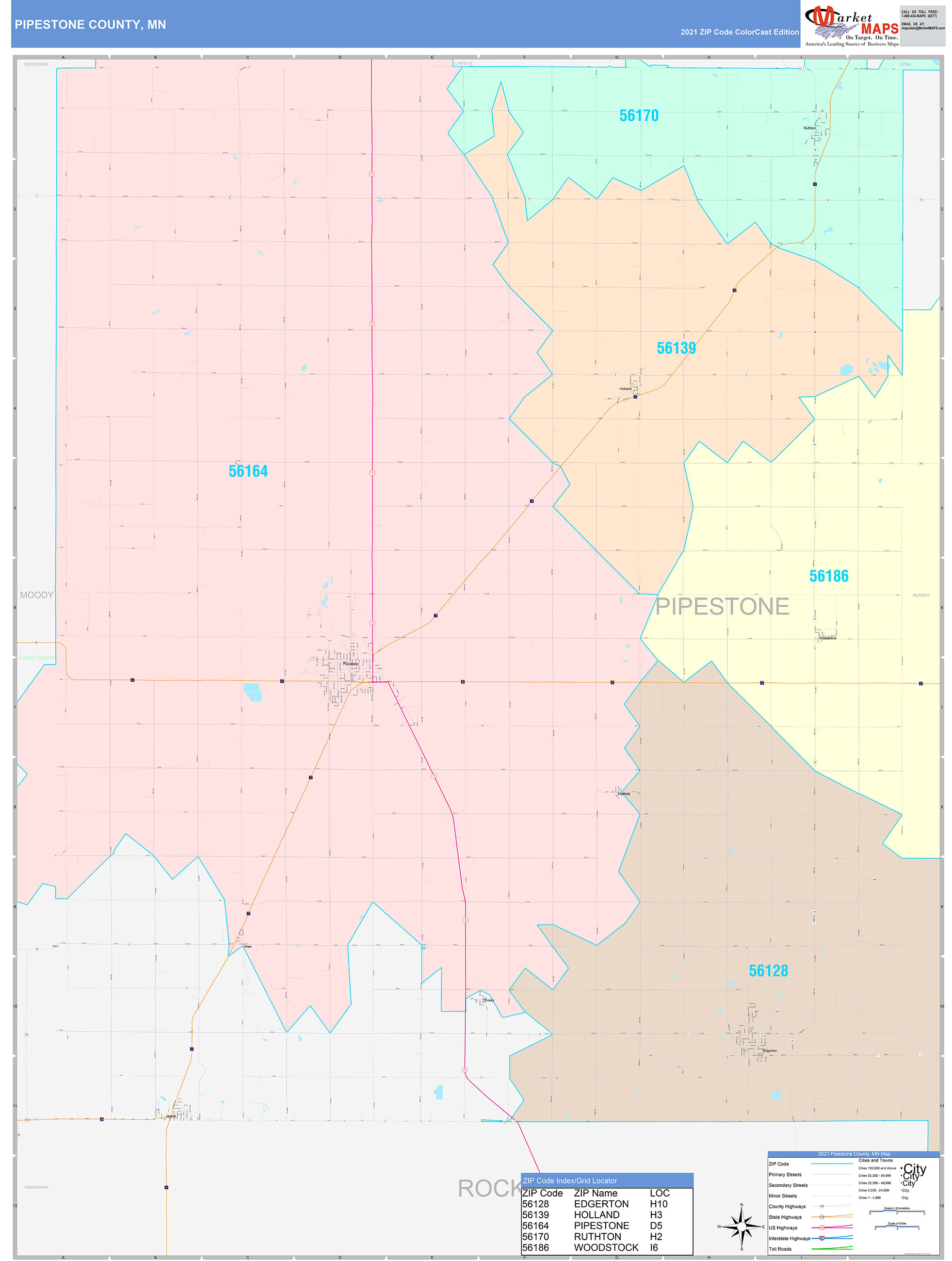 Pipestone County, MN Wall Map Color Cast Style by MarketMAPS MapSales