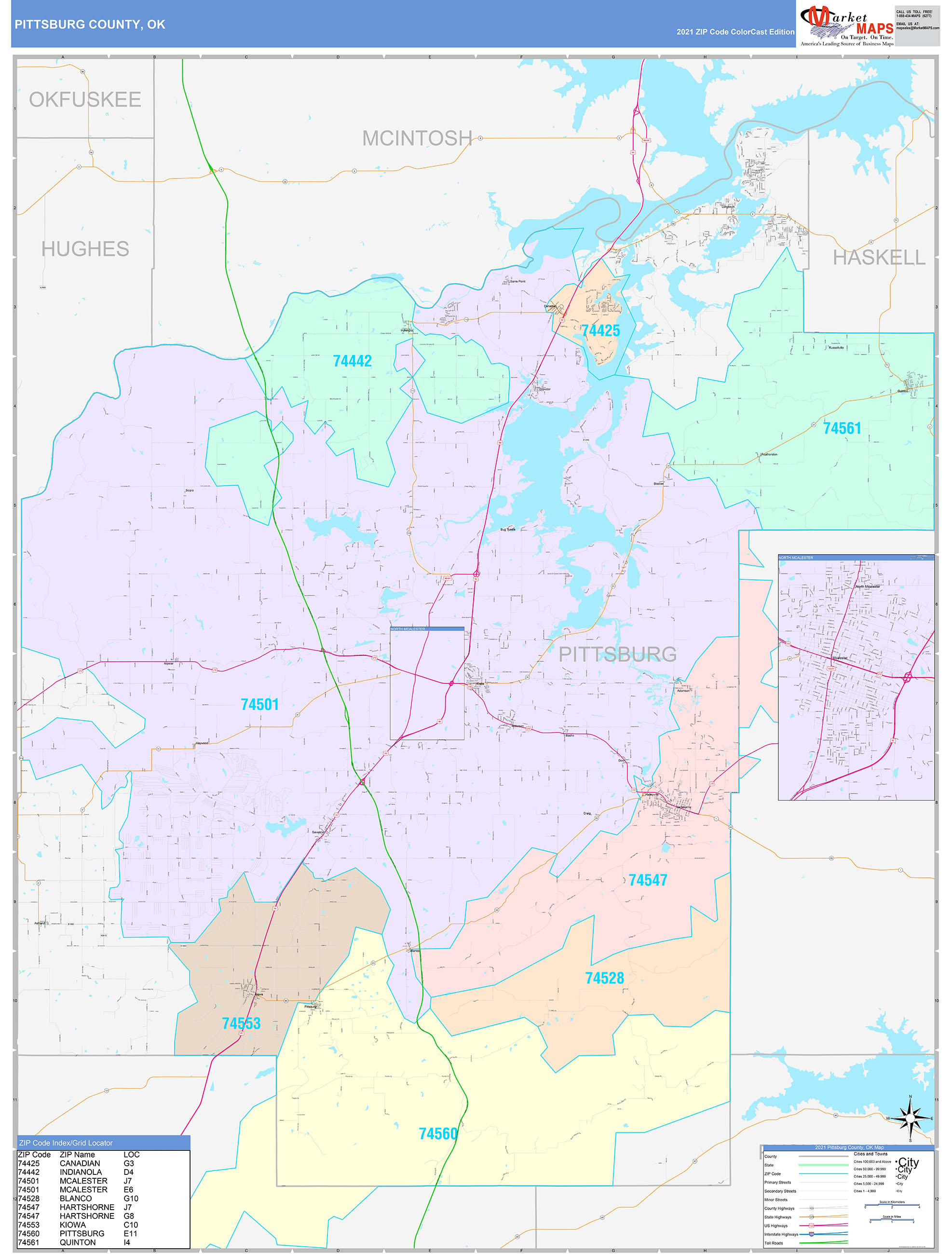 Pittsburg County, OK Wall Map Color Cast Style by MarketMAPS