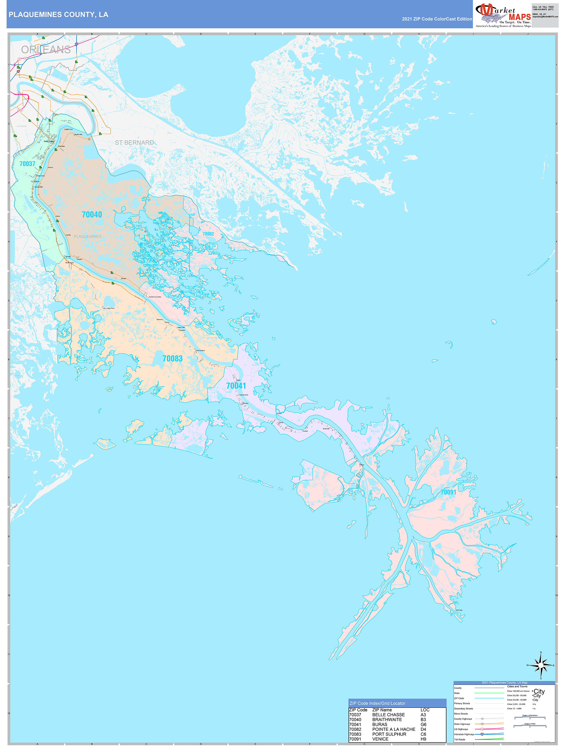 Plaquemines County, LA Wall Map Color Cast Style by MarketMAPS
