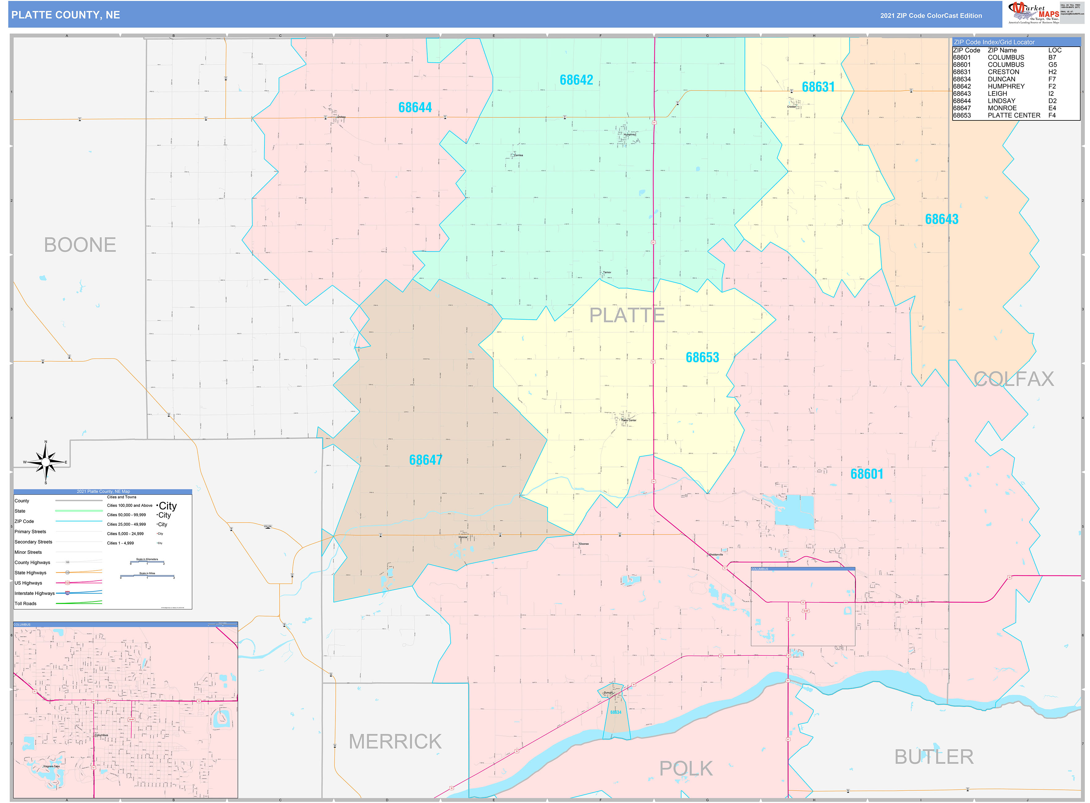 Platte County, NE Wall Map Color Cast Style by MarketMAPS
