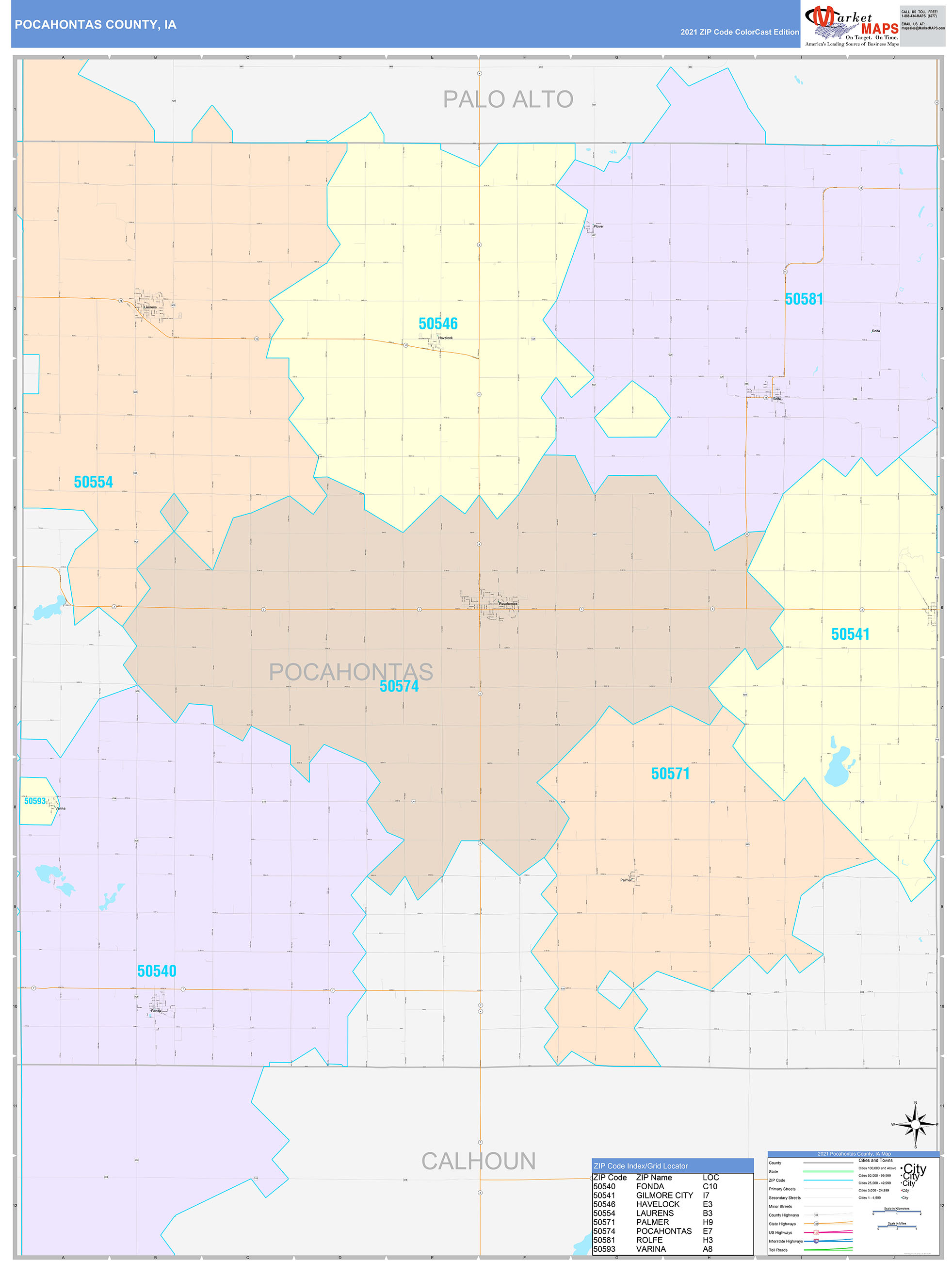Pocahontas County, IA Wall Map Color Cast Style by MarketMAPS