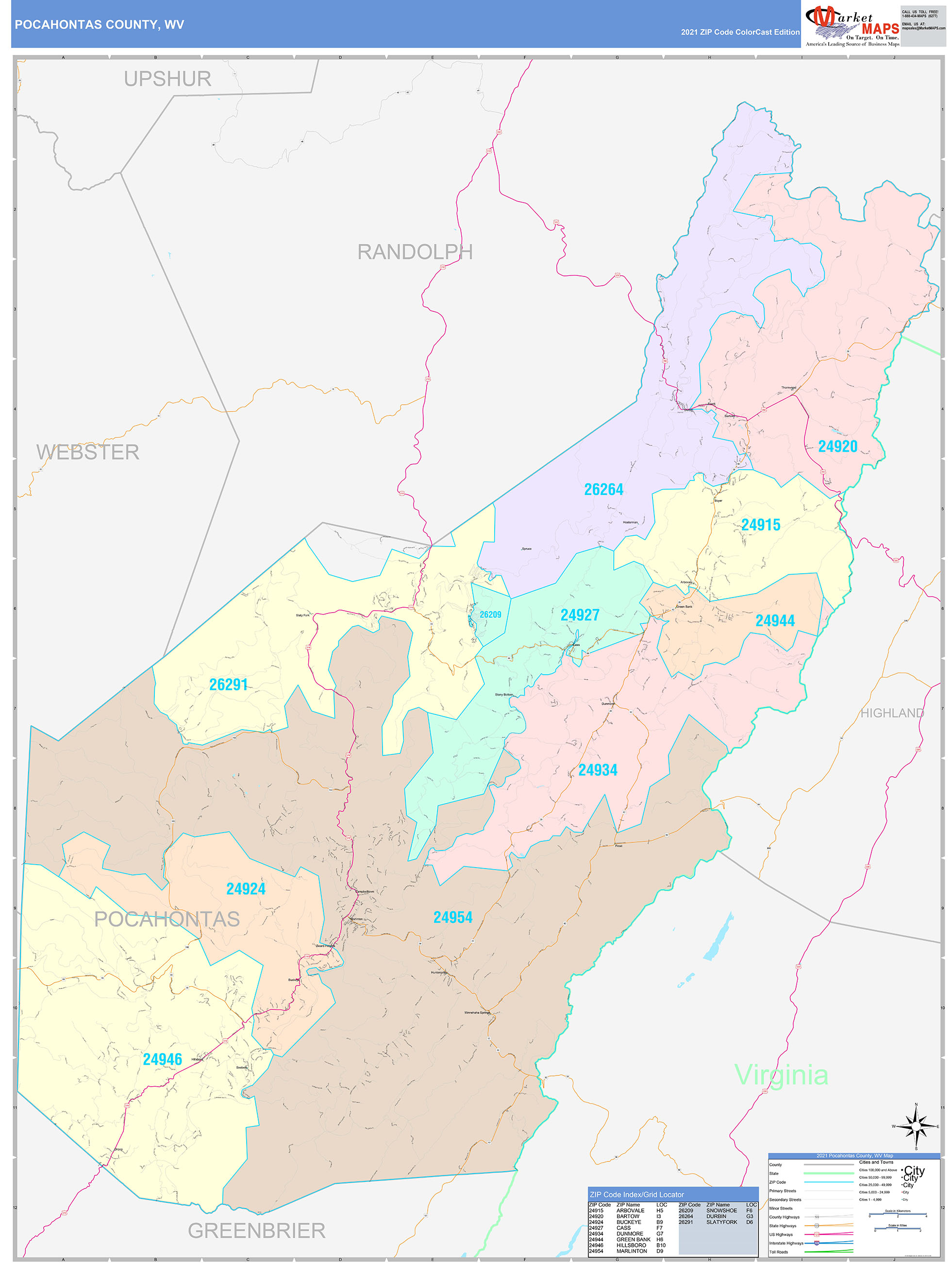 Pocahontas County, WV Wall Map Color Cast Style by MarketMAPS