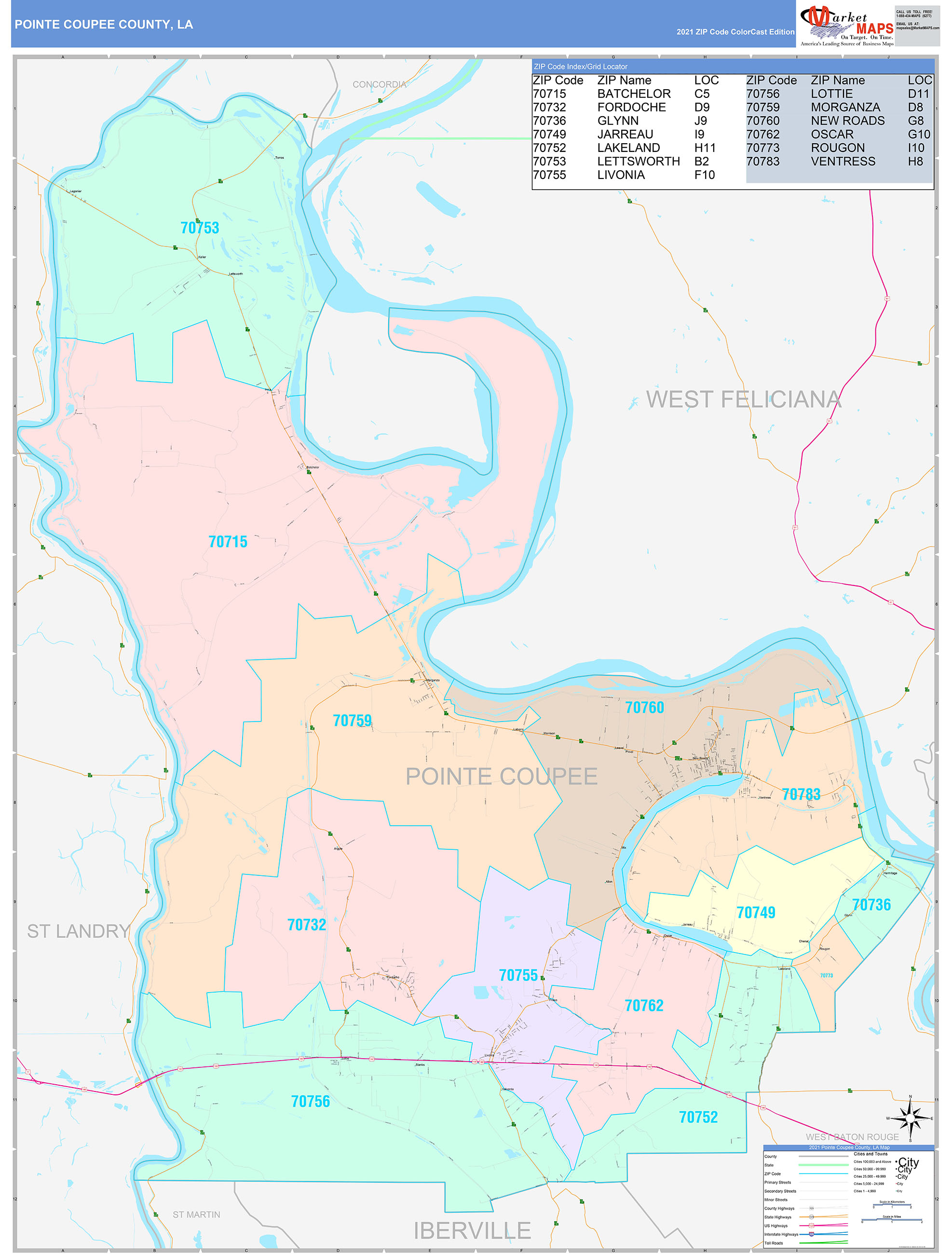 Pointe Coupee County, LA Wall Map Color Cast Style by MarketMAPS MapSales