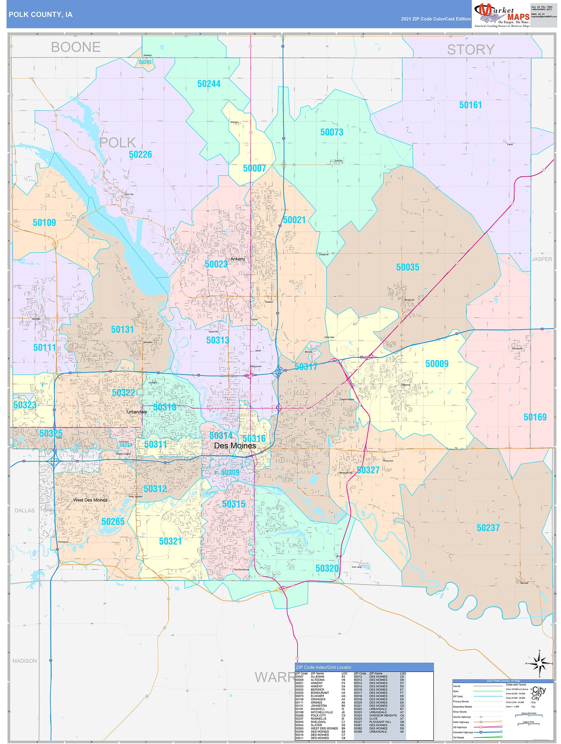 Polk County, IA Wall Map Color Cast Style by MarketMAPS